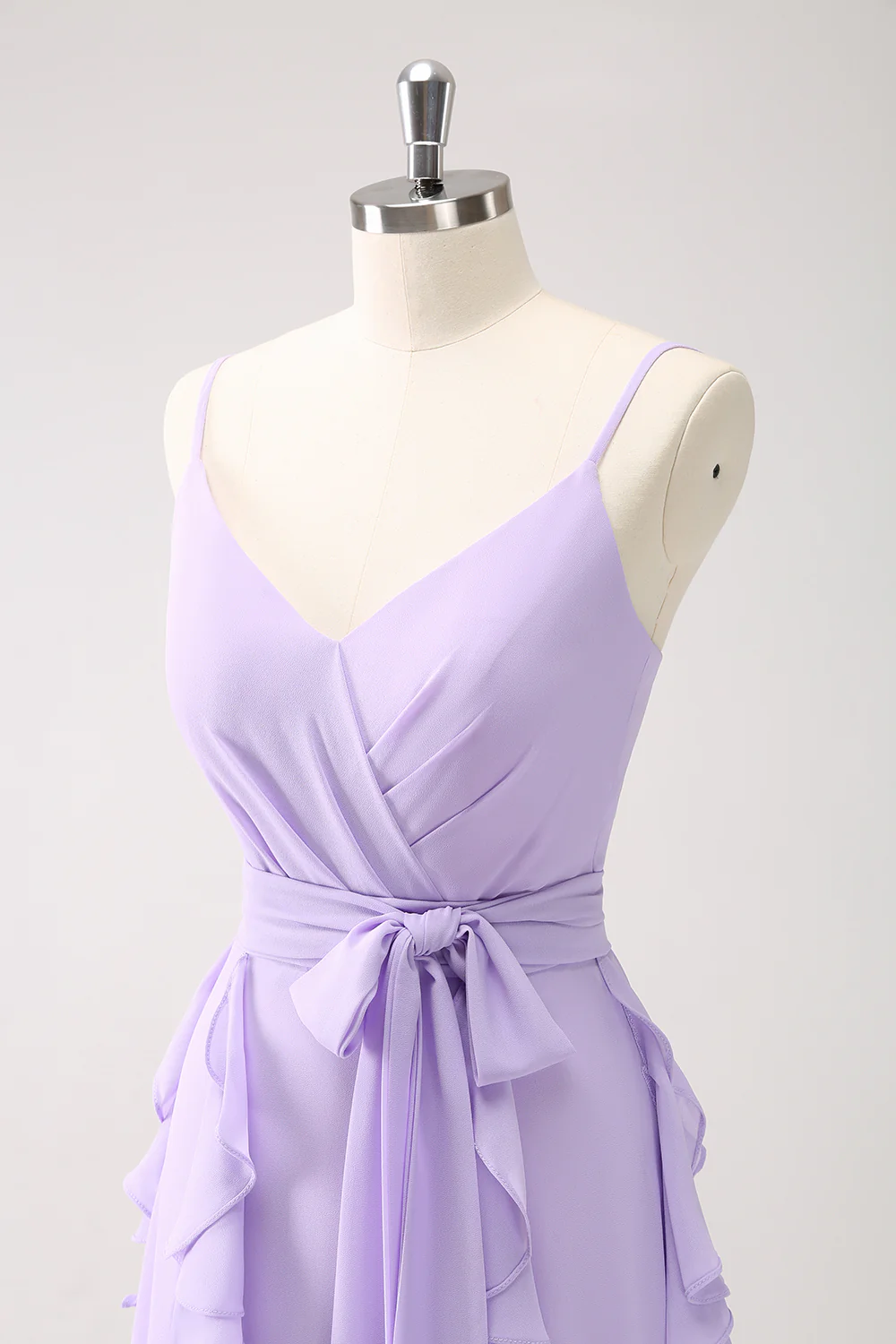 Lilac Chiffon Spaghetti Straps Long Bridesmaid Dress With Slit - JUORTHO