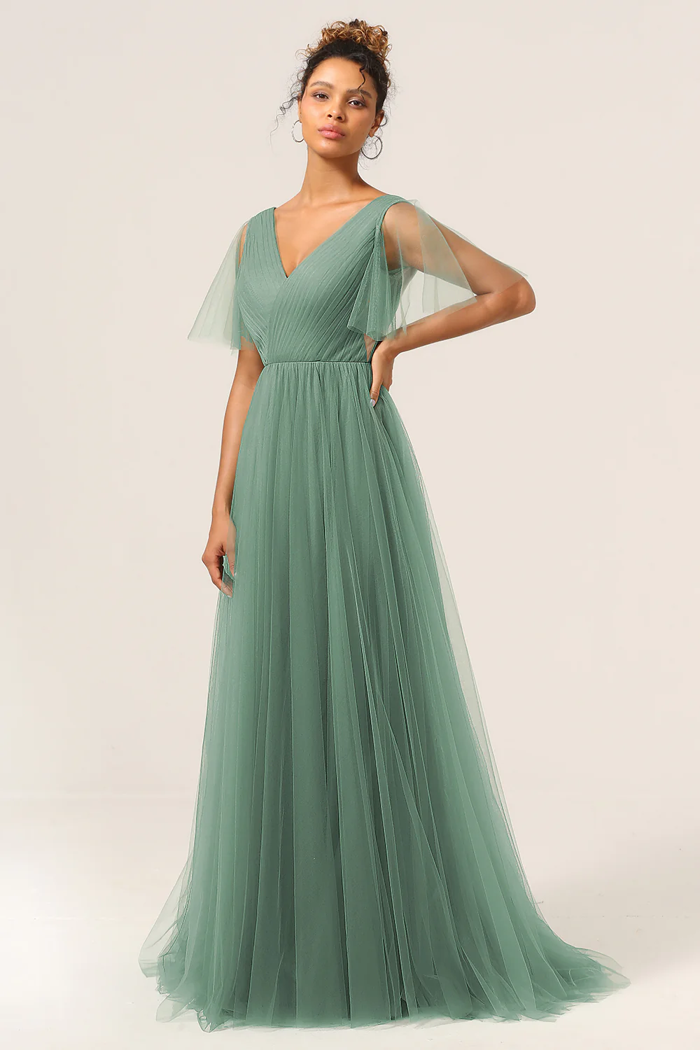 Eucalyptus V Neck Open Back A Line Bridesmaid Dress - JUORTHO