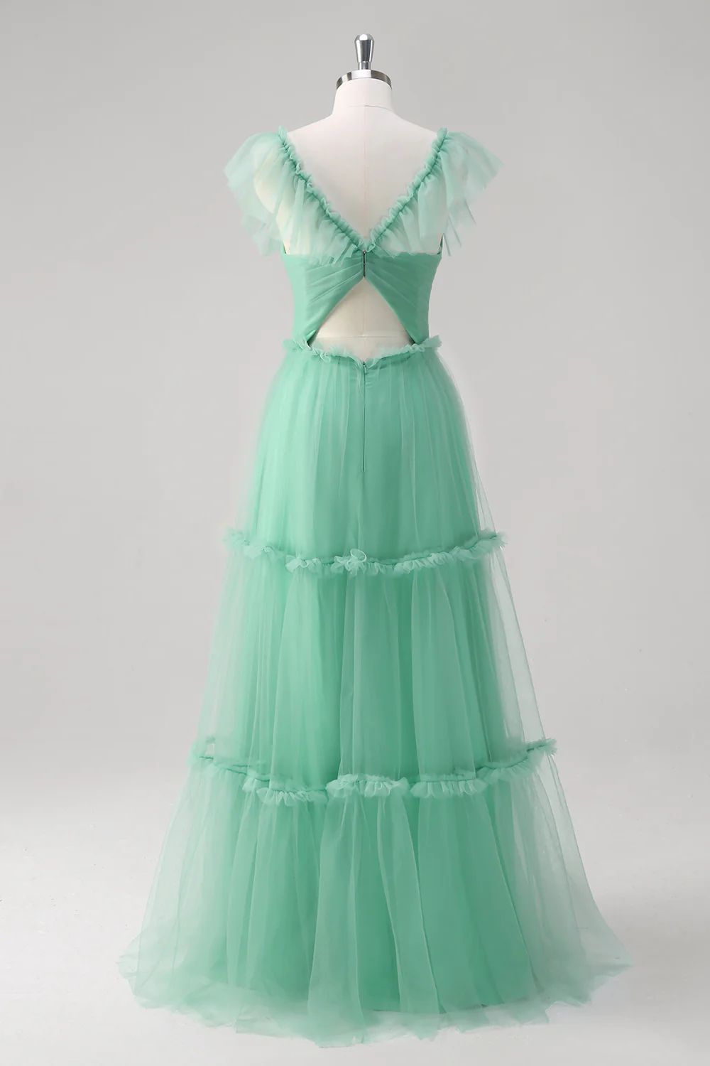 A-Line Green Ruffled Hollow Out Tulle Bridesmaid Dress - JUORTHO