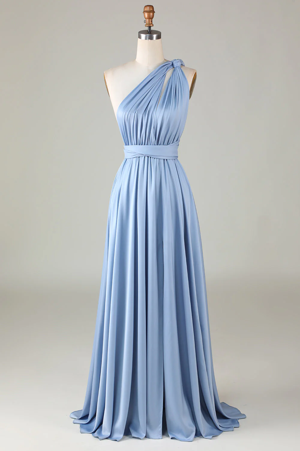 Convertible Blue Satin Bridesmaid Dress with Slit - JUORTHO