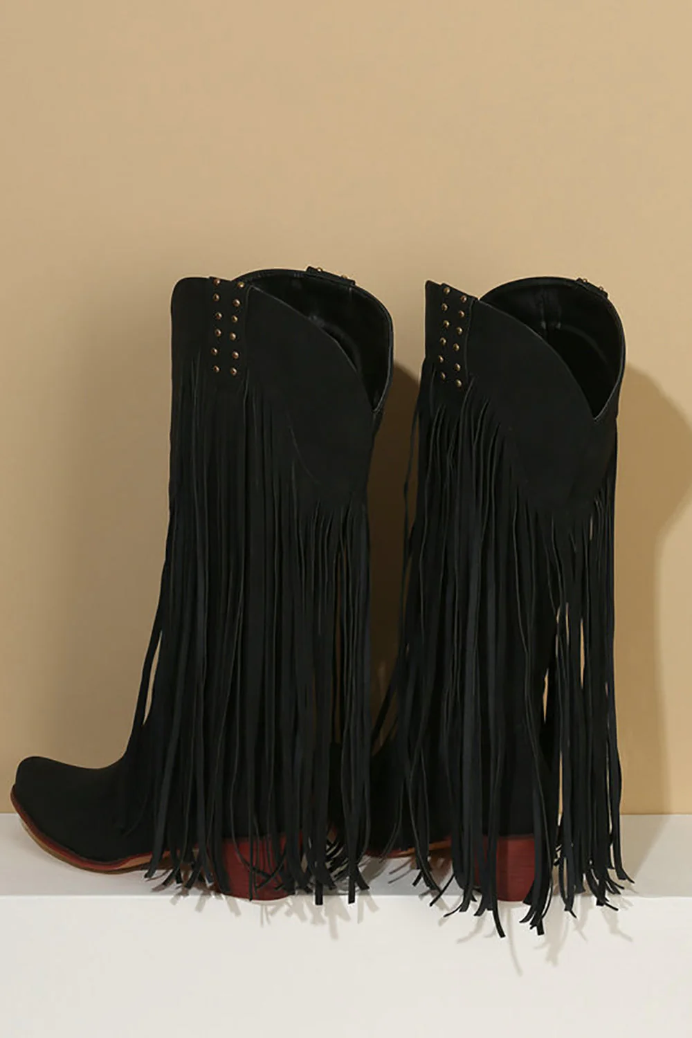 Fashion Black Solid Color Suede Tassel Pointed Toe High Heel Boots - JUORTHO