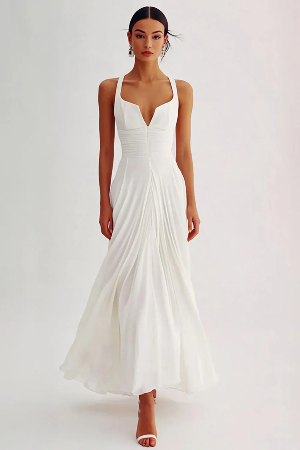 A Line White Chiffon Long Rehearsal Dinner Dress - JUORTHO