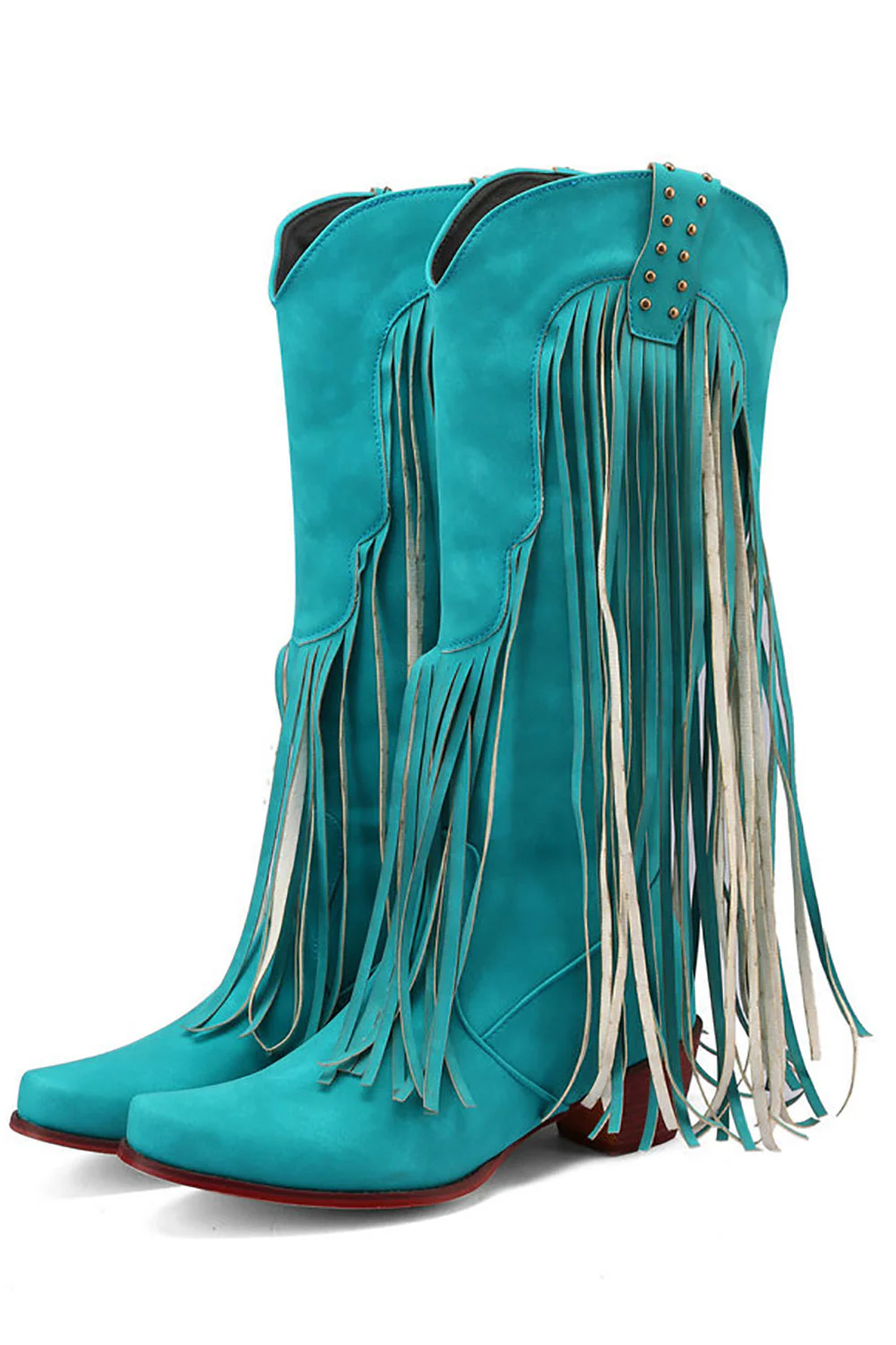 Blue Pointed Toe Wood Grain Thick Heel Boots with Tassel - JUORTHO