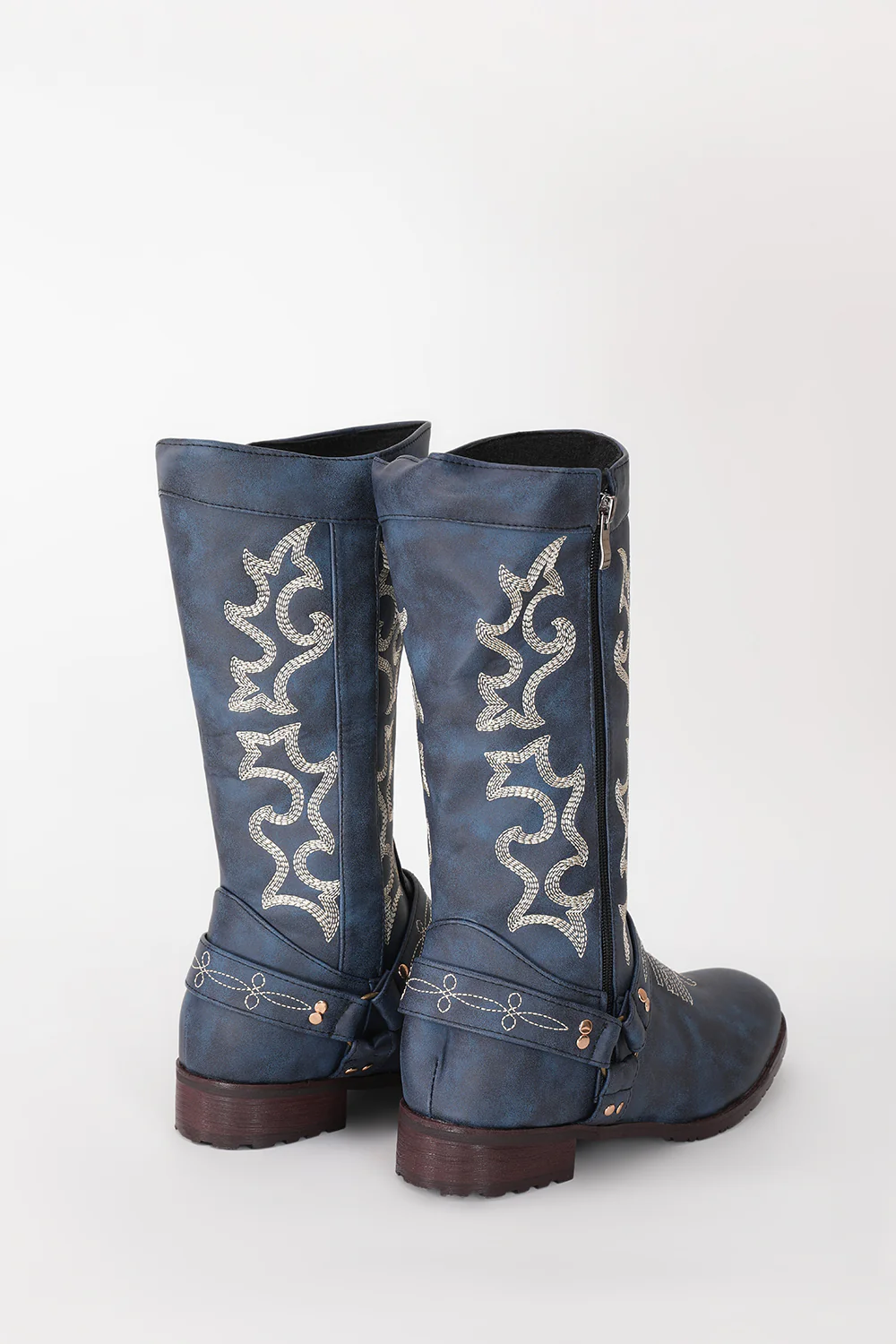 Embroidered Blue Cowgirl Boho Mid Calf Boots - JUORTHO