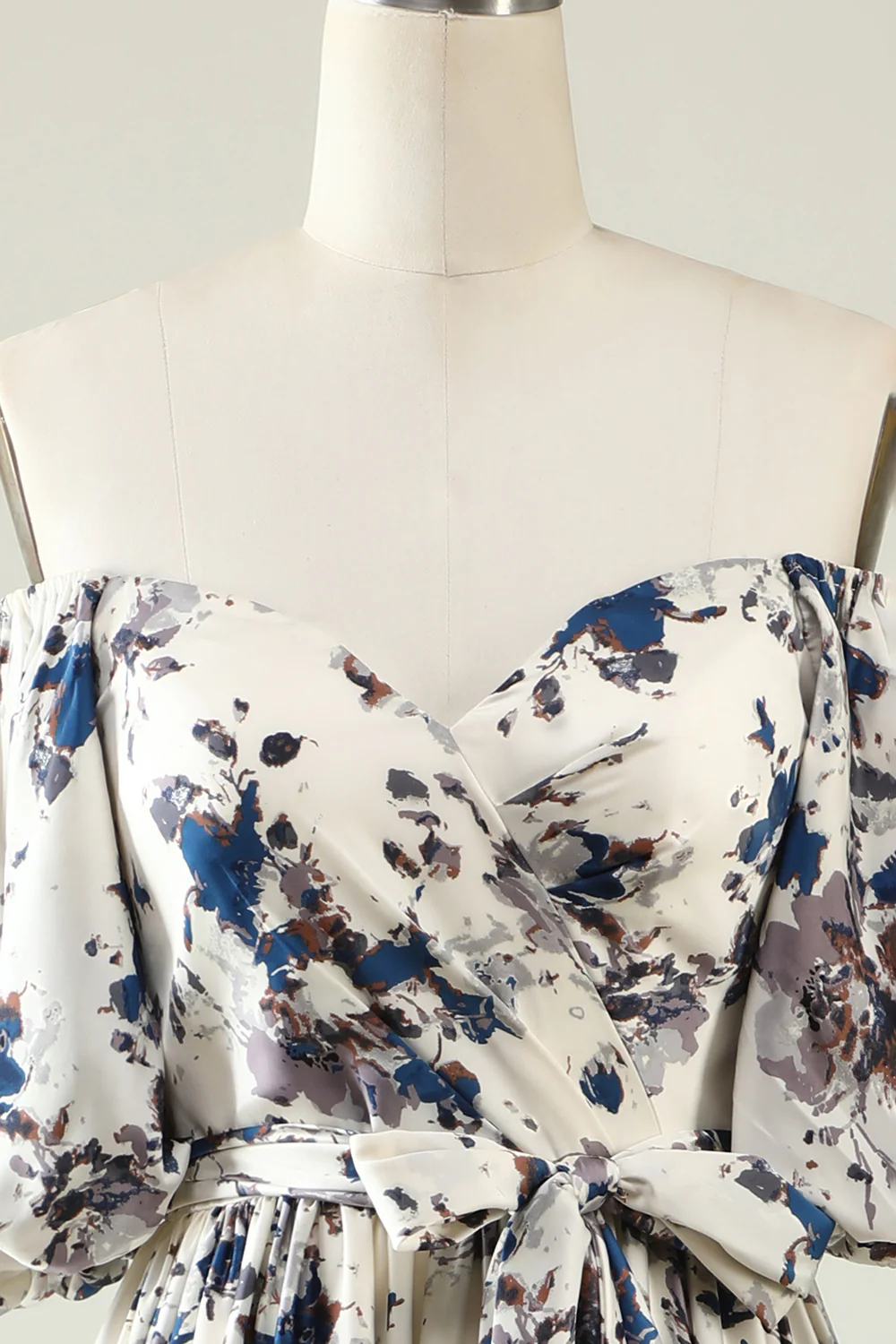 A Line Off the Shoulder White Blue Flower Long Bridesmaid Dress - JUORTHO