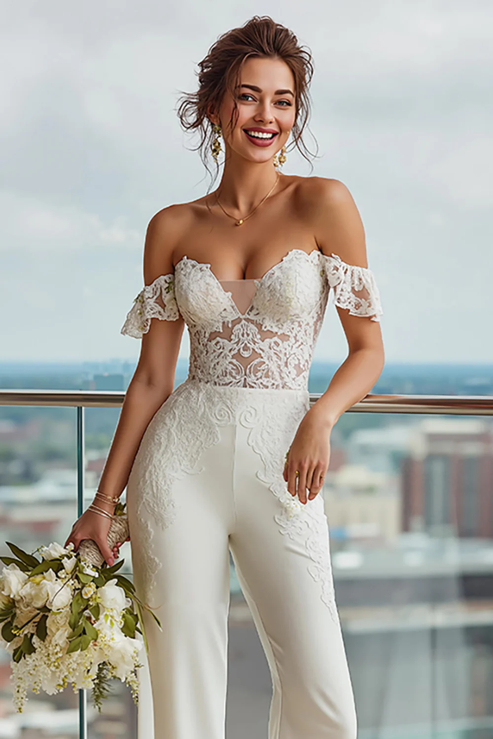 Ivory Off the Shoulder Backless Bridal Jumpsuits with Lace - JUORTHO
