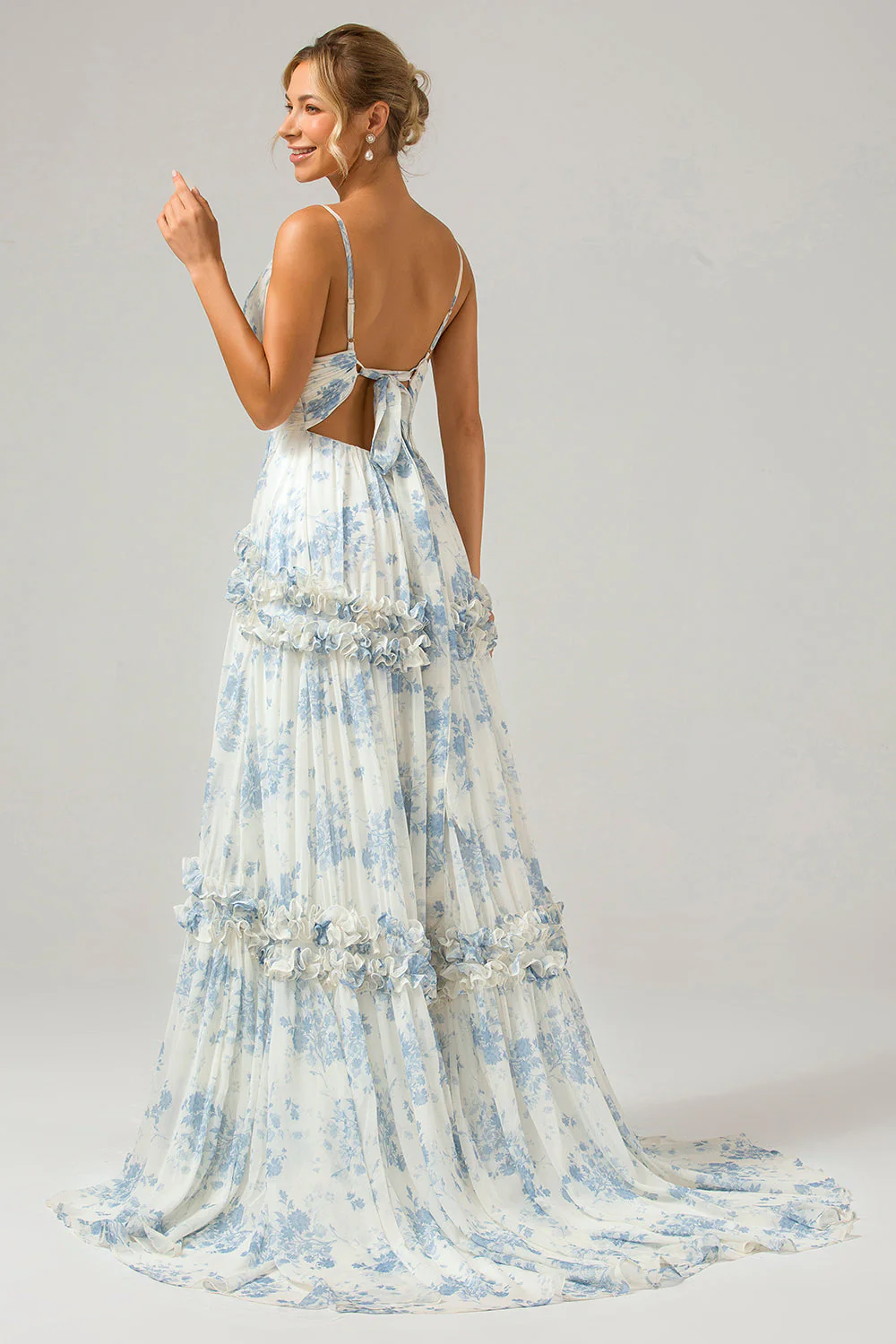 Green Tulle A Line Spaghetti Straps Long Bridesmaid Dress with Ruffles - JUORTHO