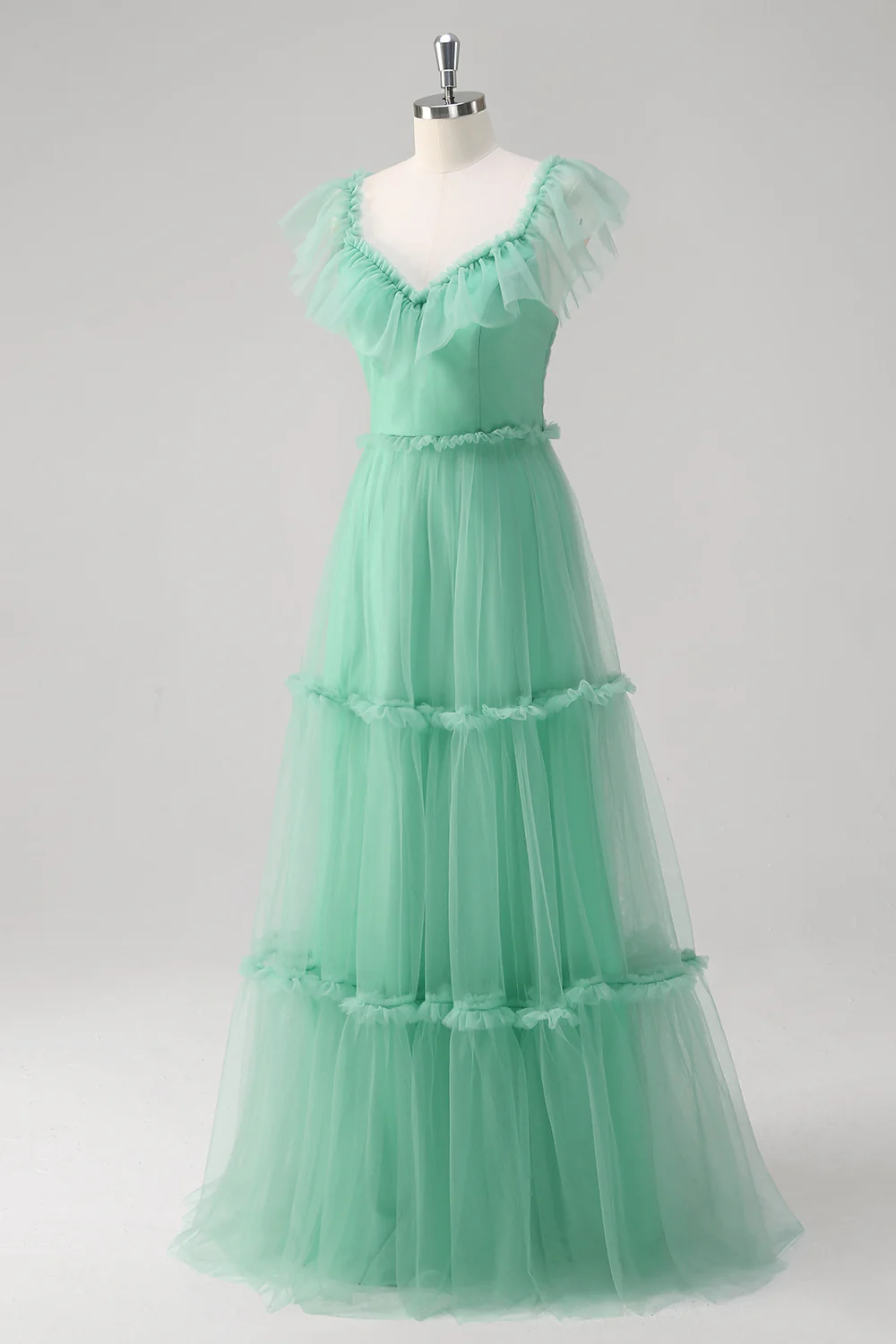 A-Line Green Ruffled Hollow Out Tulle Bridesmaid Dress - JUORTHO