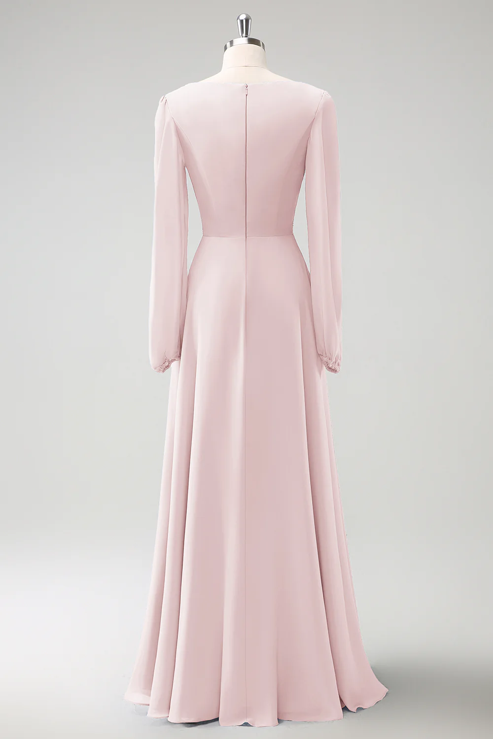 A Line Grey Blue V-Nack Chiffon Bridesmaid Dress with Long Sleeves - JUORTHO