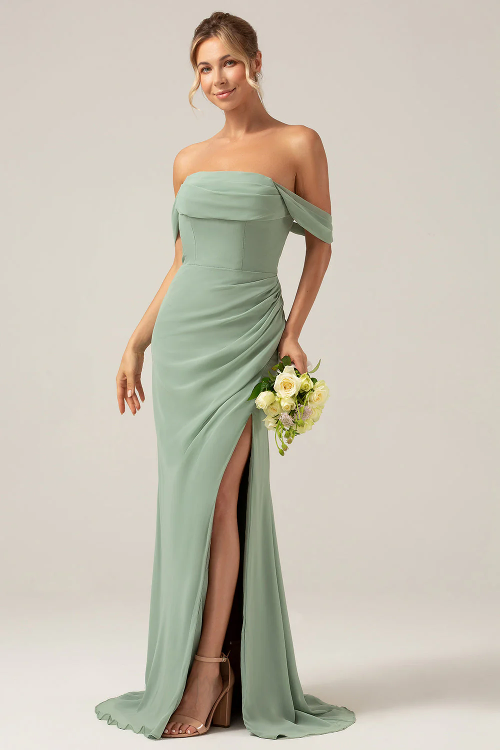 Off the Shoulder Sheath Chiffon Pleated Dusty Sage Bridesmaid Dress - JUORTHO
