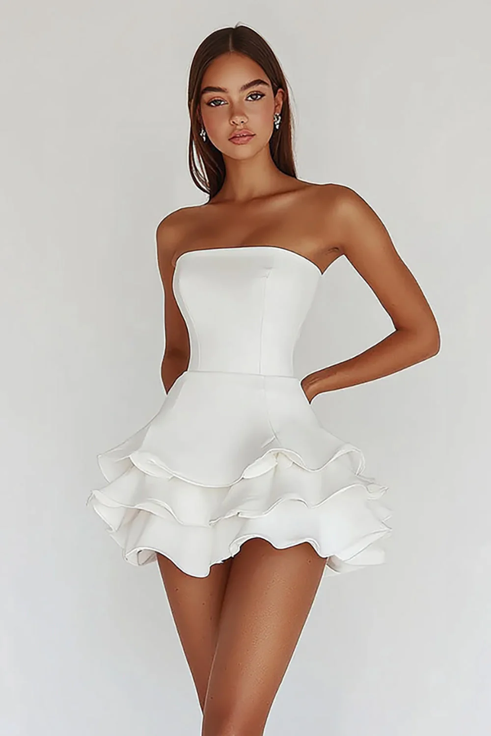 Satin White A Line Strapless Graduation Homecoming Dress with Ruffles - JUORTHO