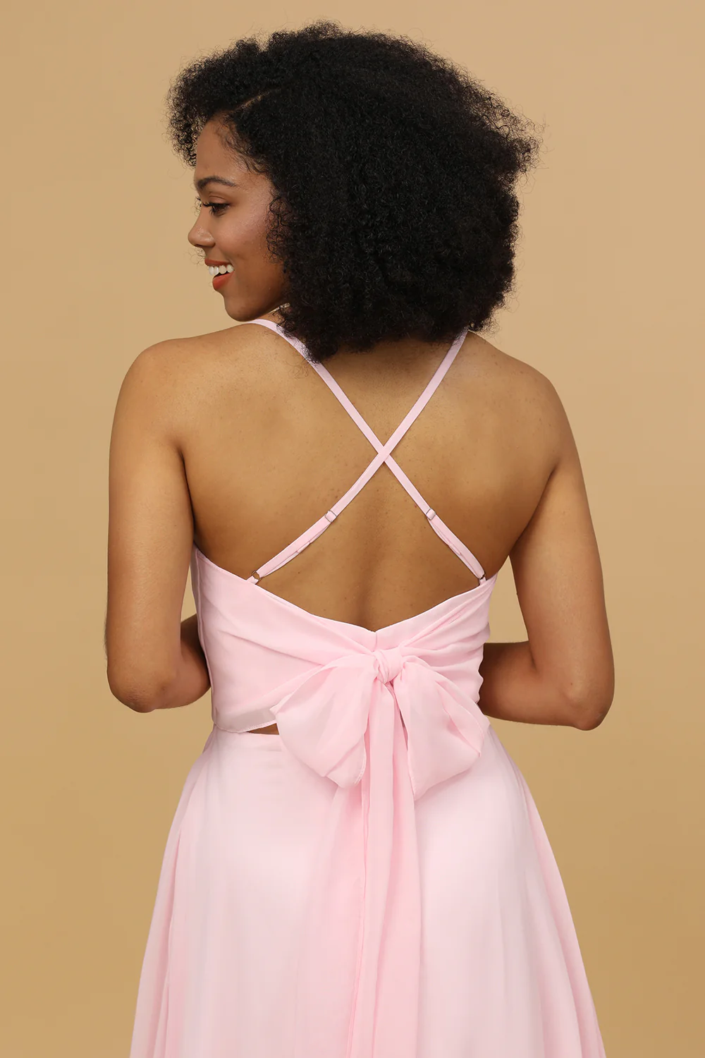 Spaghetti Straps Pink Chiffon Bridesmaid Dress with Pocket - JUORTHO