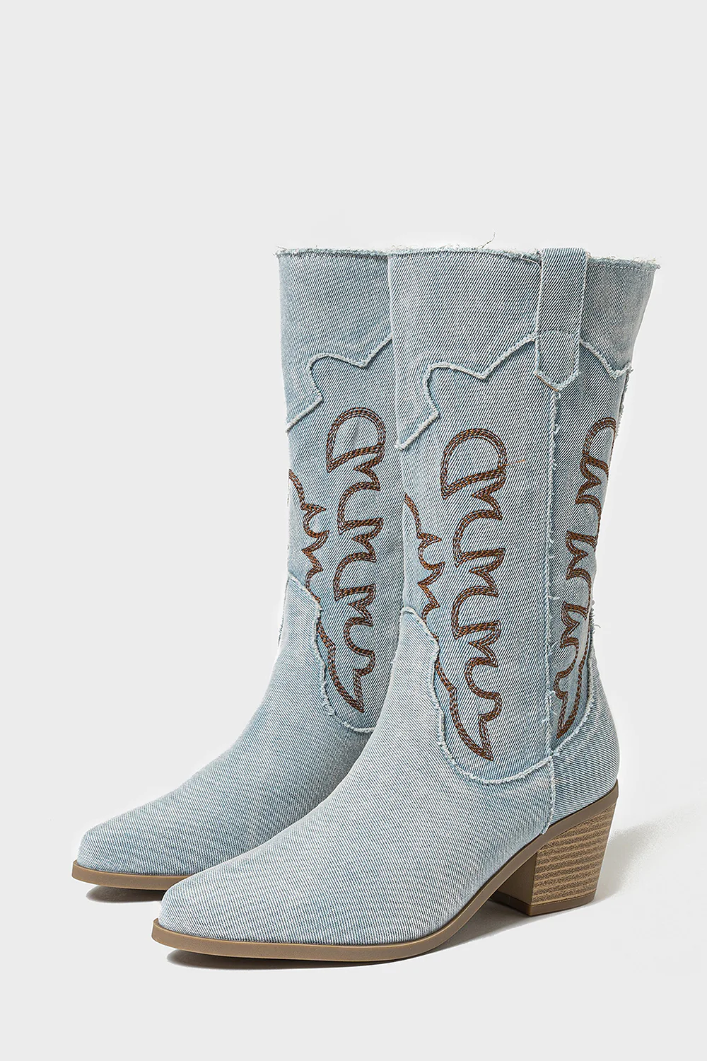 Dark Blue Embroidered Mid Calf Chunky Heel Cowgirl Boots - JUORTHO