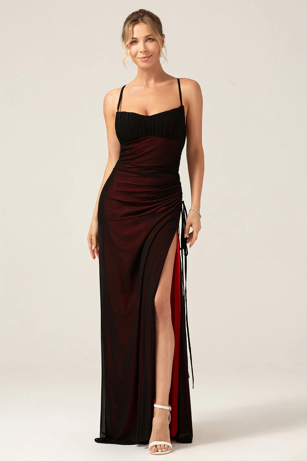 Black Red Spaghetti Straps Mermaid Pleated Long Bridesmaid Dress with Slit - JUORTHO