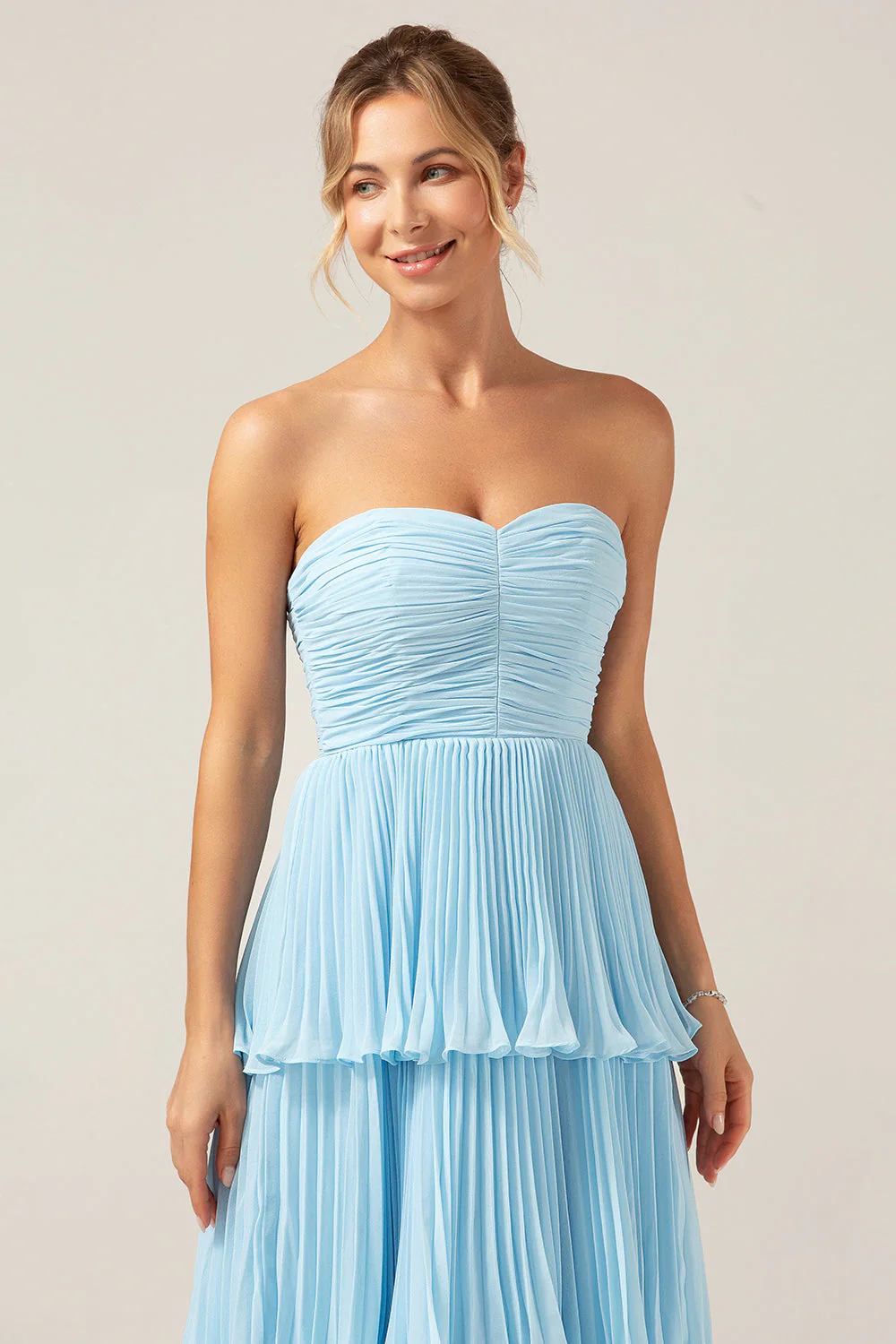 A-Line Sweetheart Tiered Chiffon Long Lilac Bridesmaid Dress with Pleated - JUORTHO