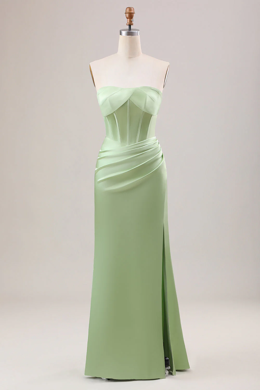Sheath Corset Strapless Long Green Bridesmaid Dress With Slit - JUORTHO