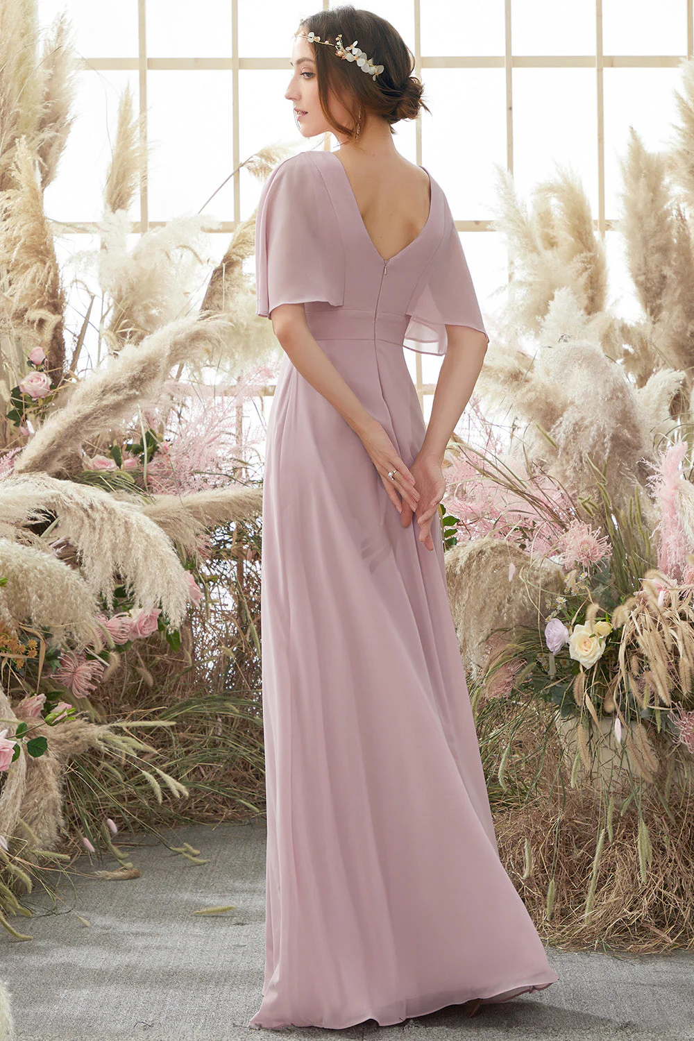 Blush Batwing Sleeves Chiffon Bridesmaid Dress - JUORTHO