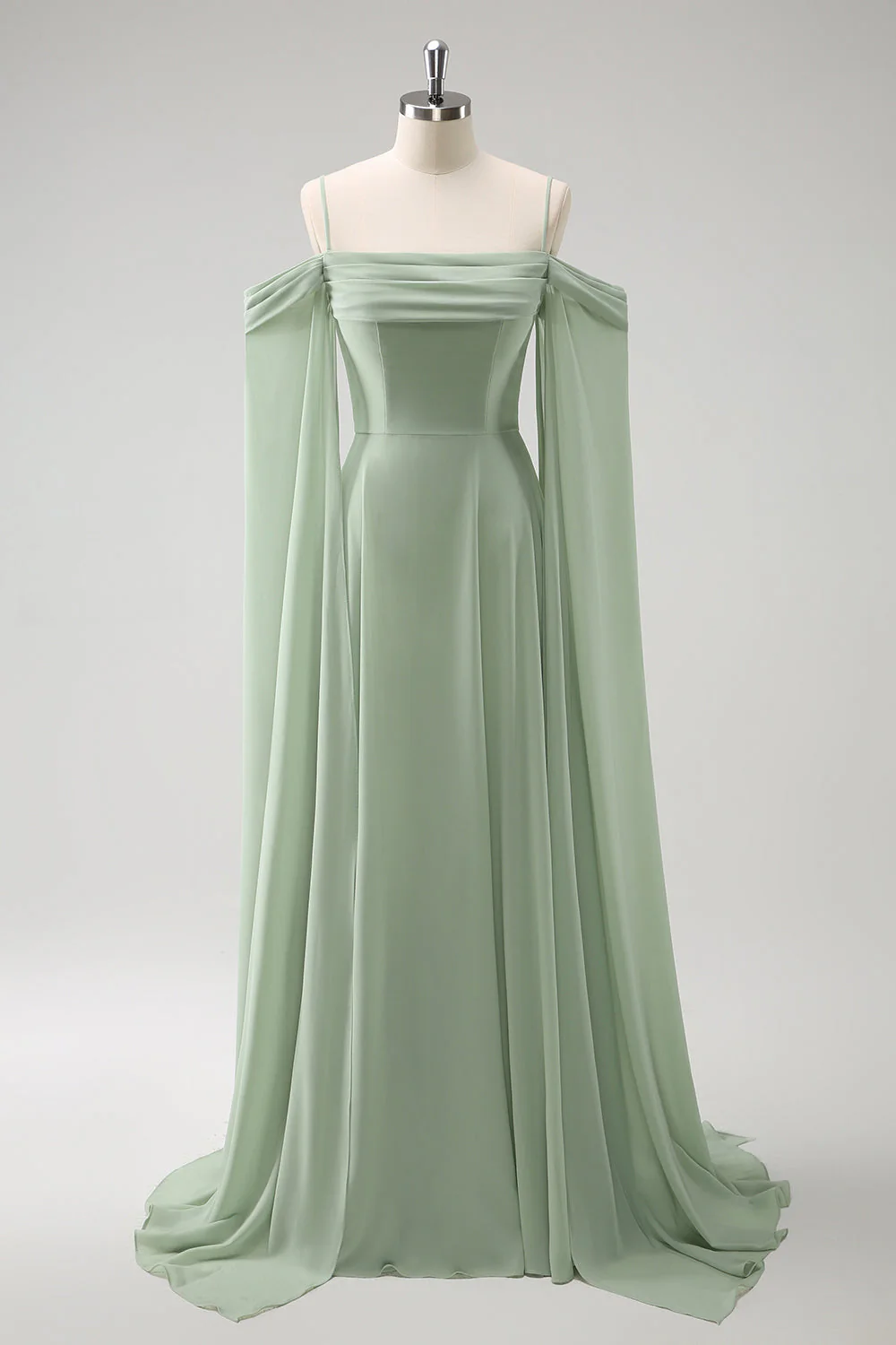 Dusty Blue Cold Shoulder A-Line Long Bridesmaid Dress with Detachable Sleeves - JUORTHO