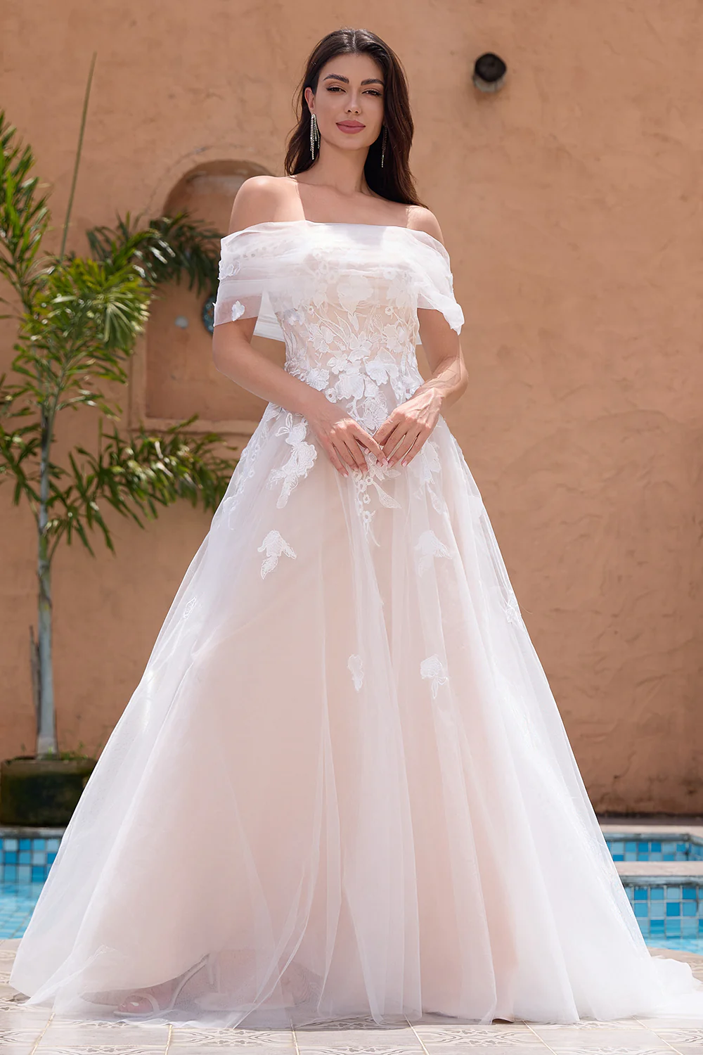 White Off the Shoulder A Line Tulle Bridal Dress with Embroidery - JUORTHO