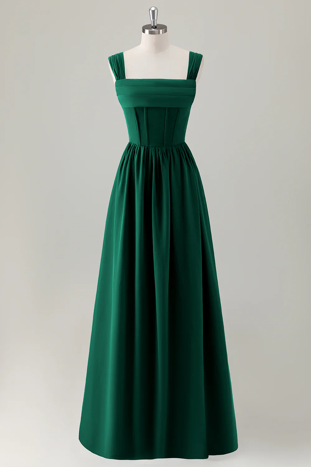 Champagne Corset A-Line Square Neck Long Bridesmaid Dress with Lace Up Back - JUORTHO