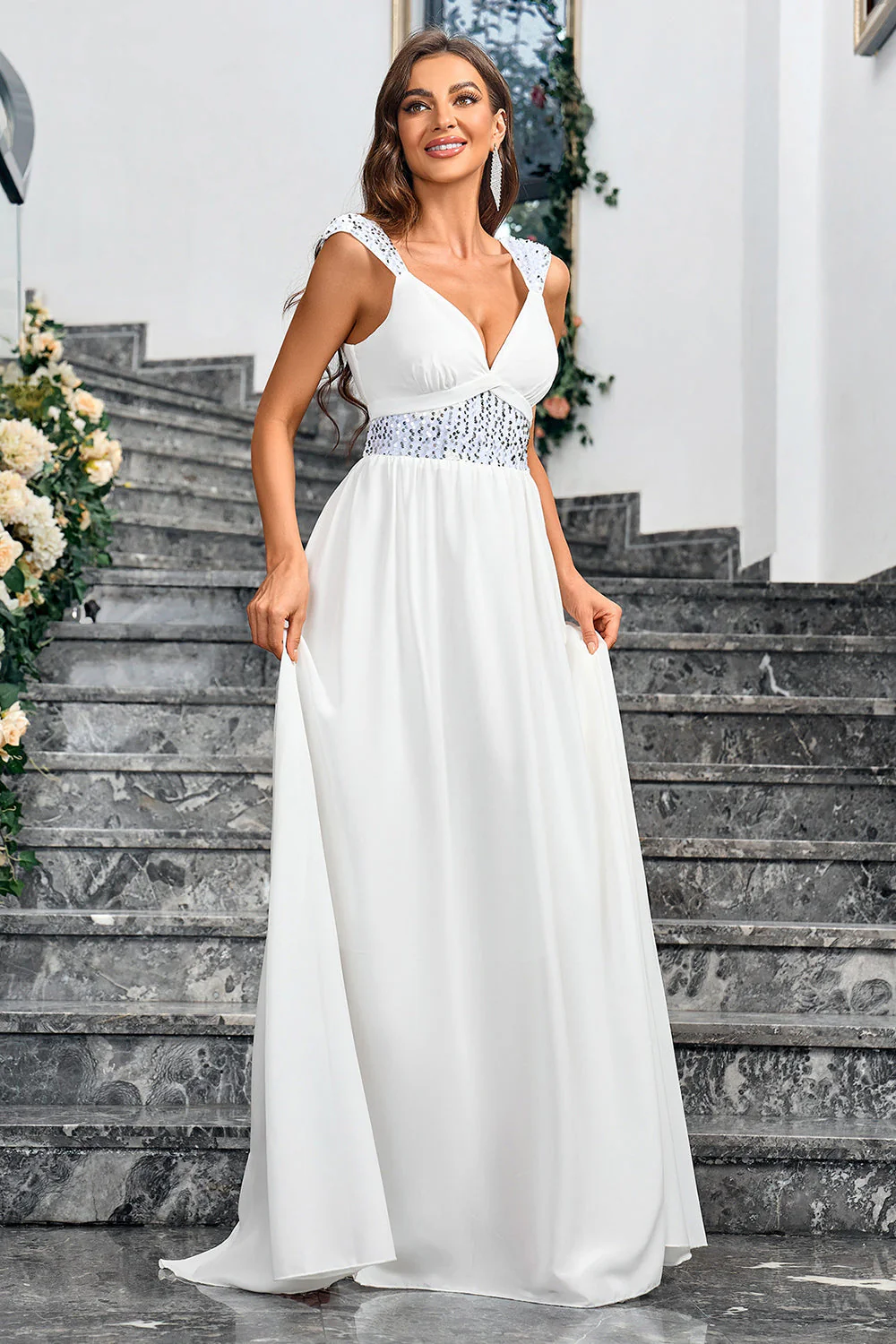 White A Line Spaghetti Straps Sequin Long Party Dress - JUORTHO