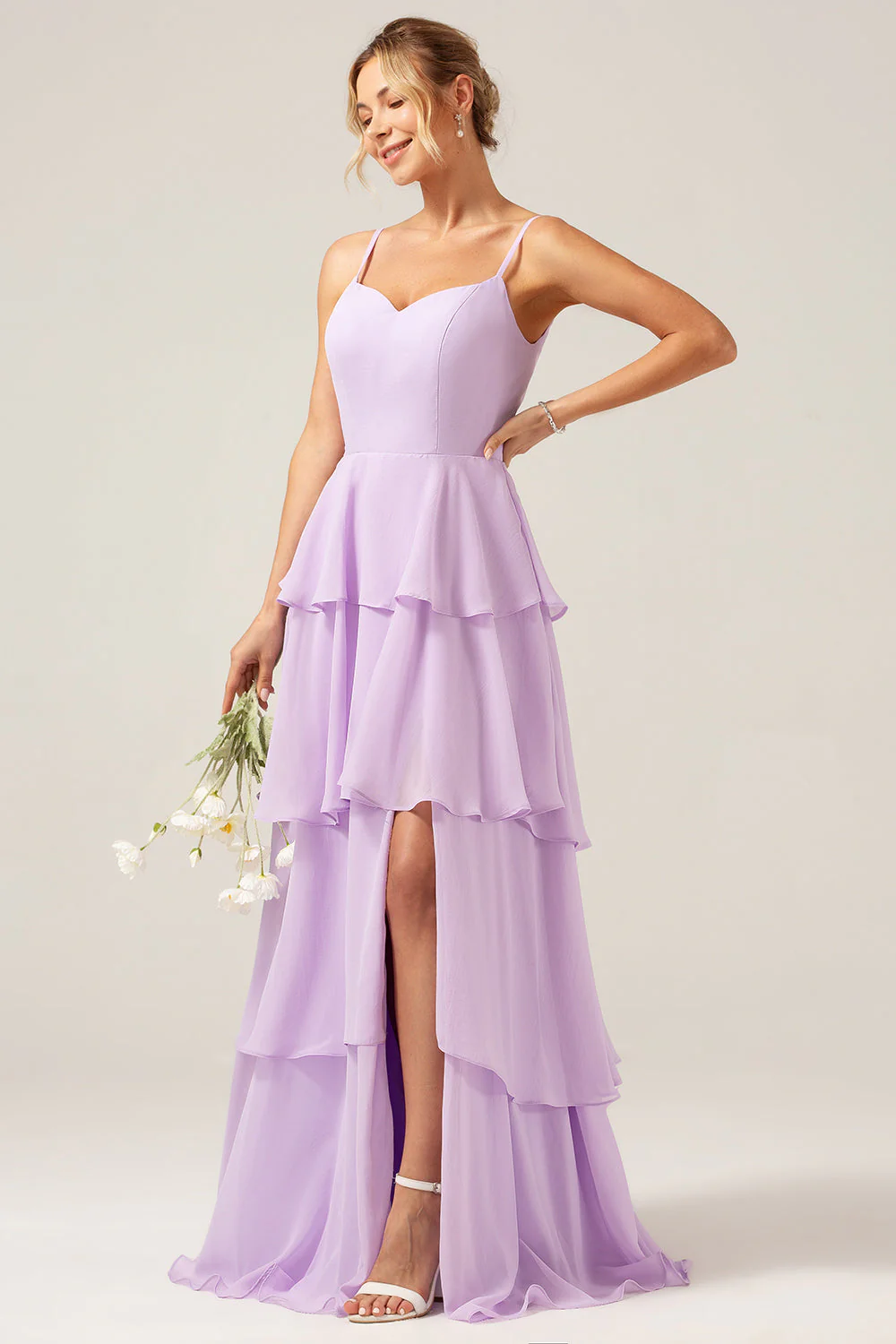 Lilac A Line Spaghetti Straps Tiered Chiffon Bridesmaid Dress with Slit - JUORTHO