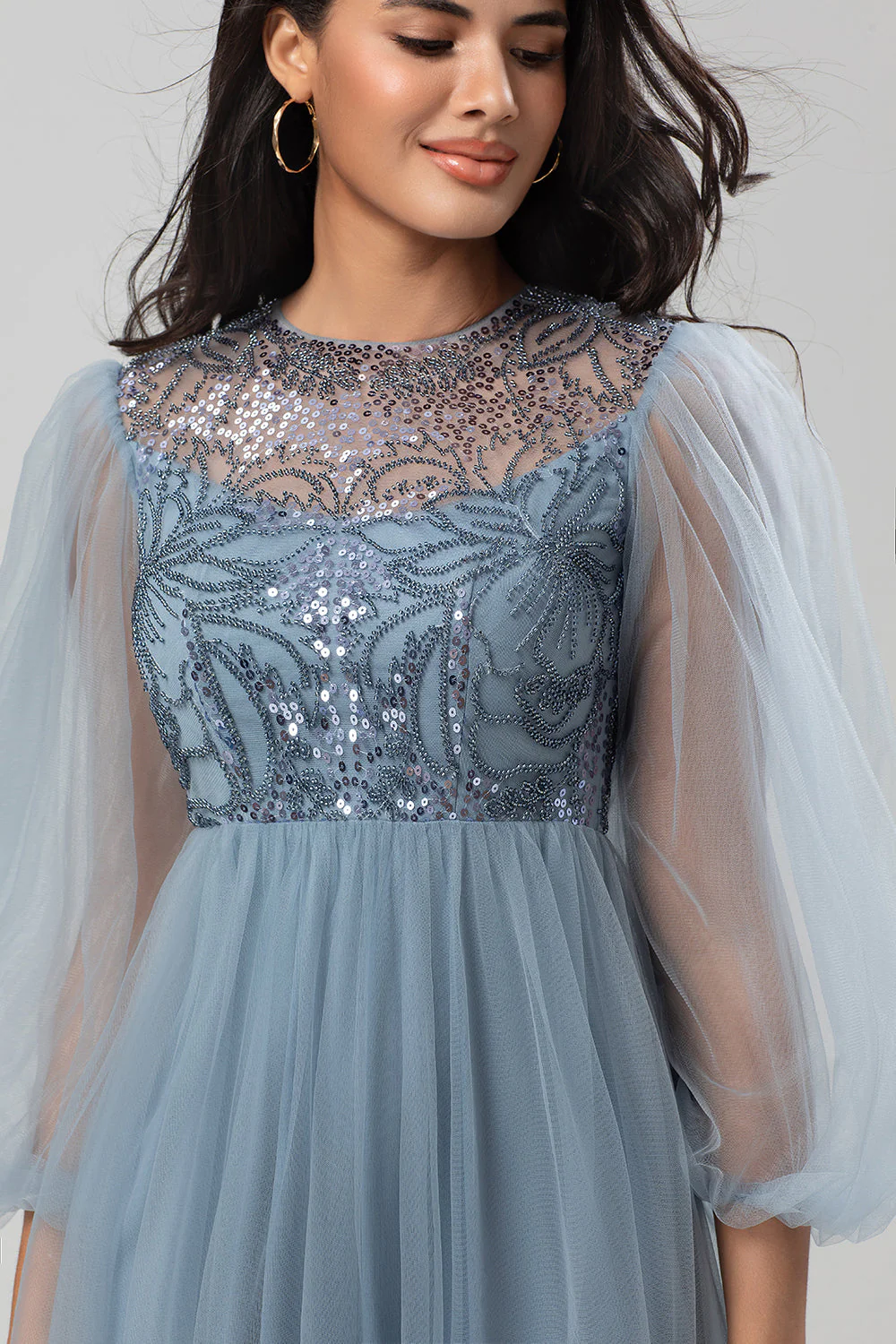 Chic Romantic A Line Jewel Neck Grey Blue Long Wedding Party Dress with Long Sleeves - JUORTHO