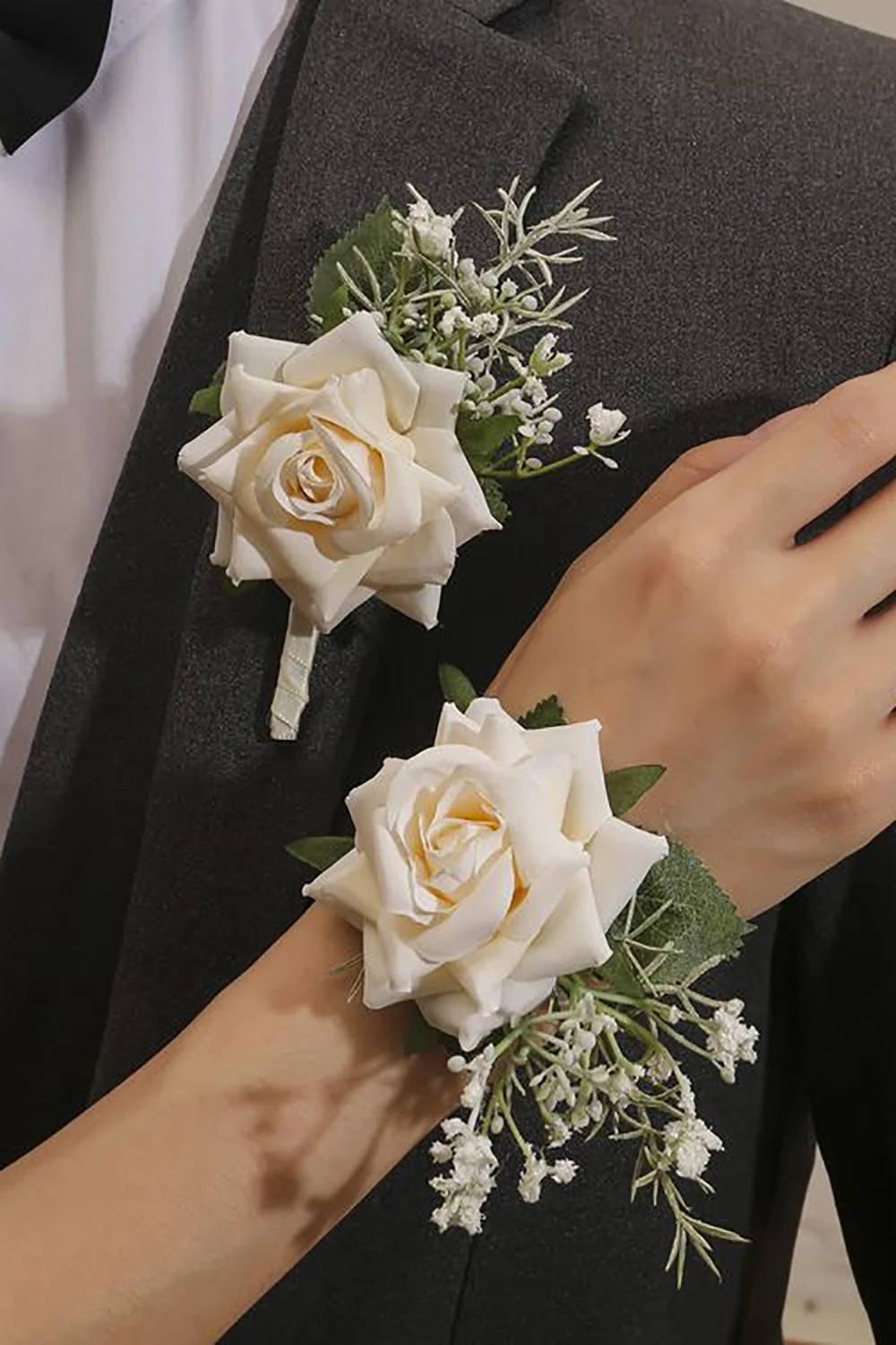 Ivory Wrist Corsage and Men Boutonniere Set for Prom Party - JUORTHO