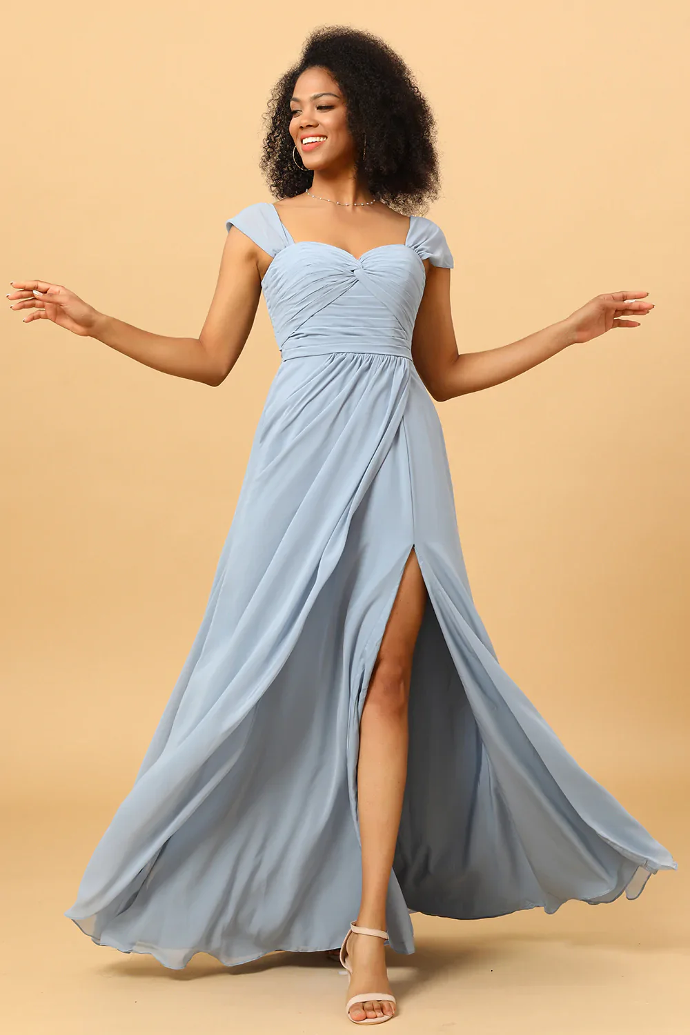 Off Shoulder Chiffon Blue Bridesmaid Dress with Slit - JUORTHO