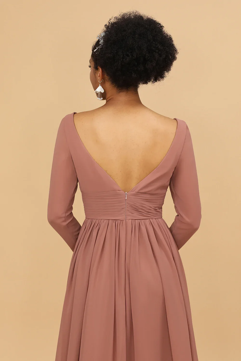 Blush V-Neck Long Sleeves Bridesmaid Dress - JUORTHO