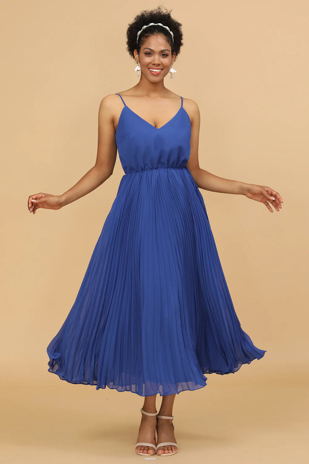 Royal Blue Tea-Length Chiffon Bridesmaid Dress With Pleated - JUORTHO