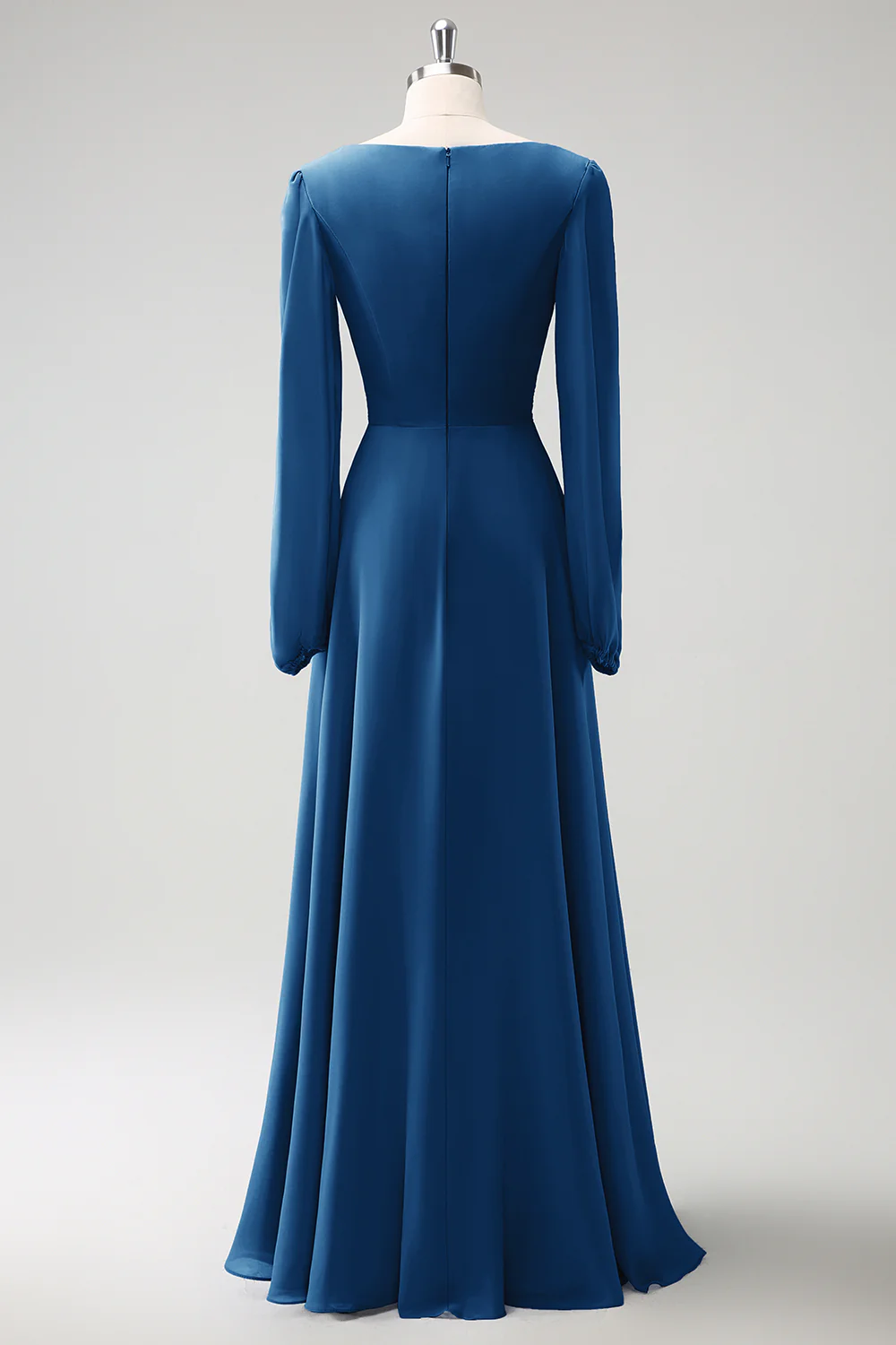 A Line Grey Blue V-Nack Chiffon Bridesmaid Dress with Long Sleeves - JUORTHO