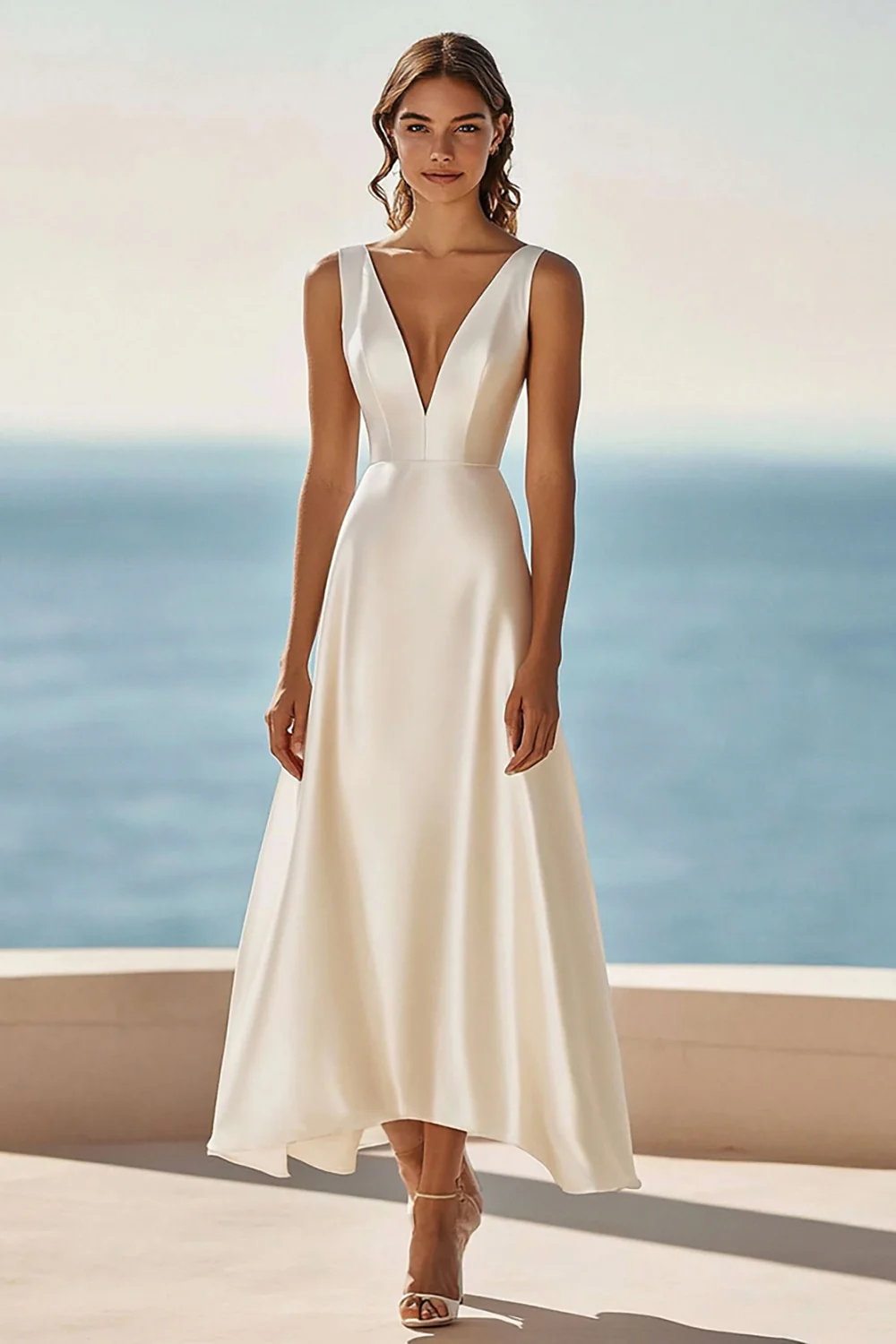 Simple Ivory Satin A Line Maxi Rehearsal Dinner Dress - JUORTHO