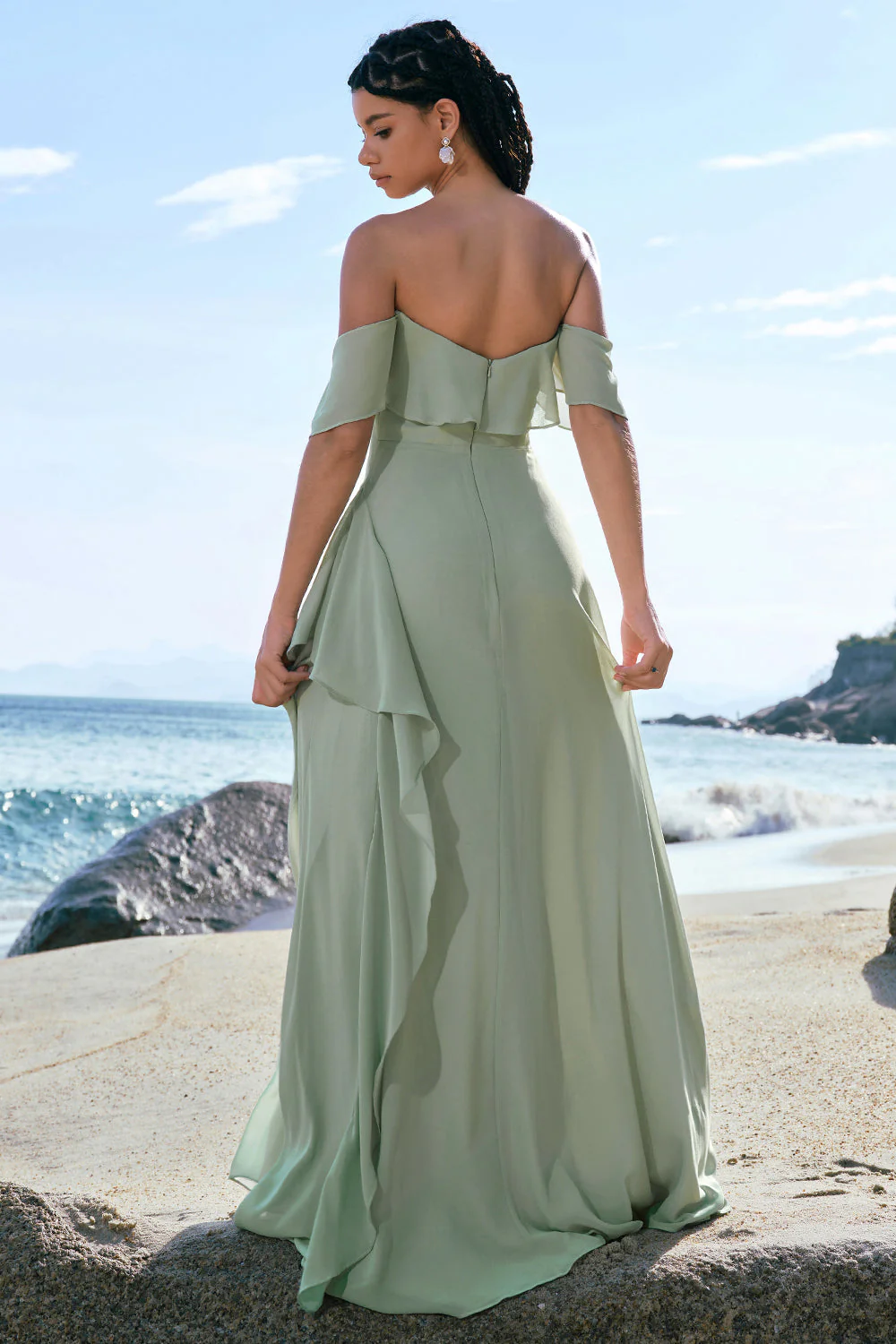 Light Green Off The Shoulder Chiffon Long Bridesmaid Dress - JUORTHO