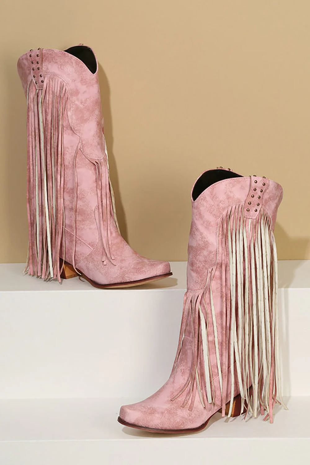 Blue Pointed Toe Wood Grain Thick Heel Boots with Tassel - JUORTHO