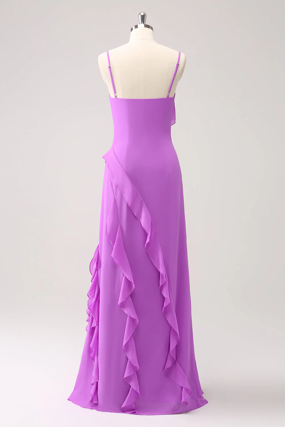 Tahiti Ruffle Spaghetti Straps Chiffon Long Bridesmaid Dress with Slit - JUORTHO