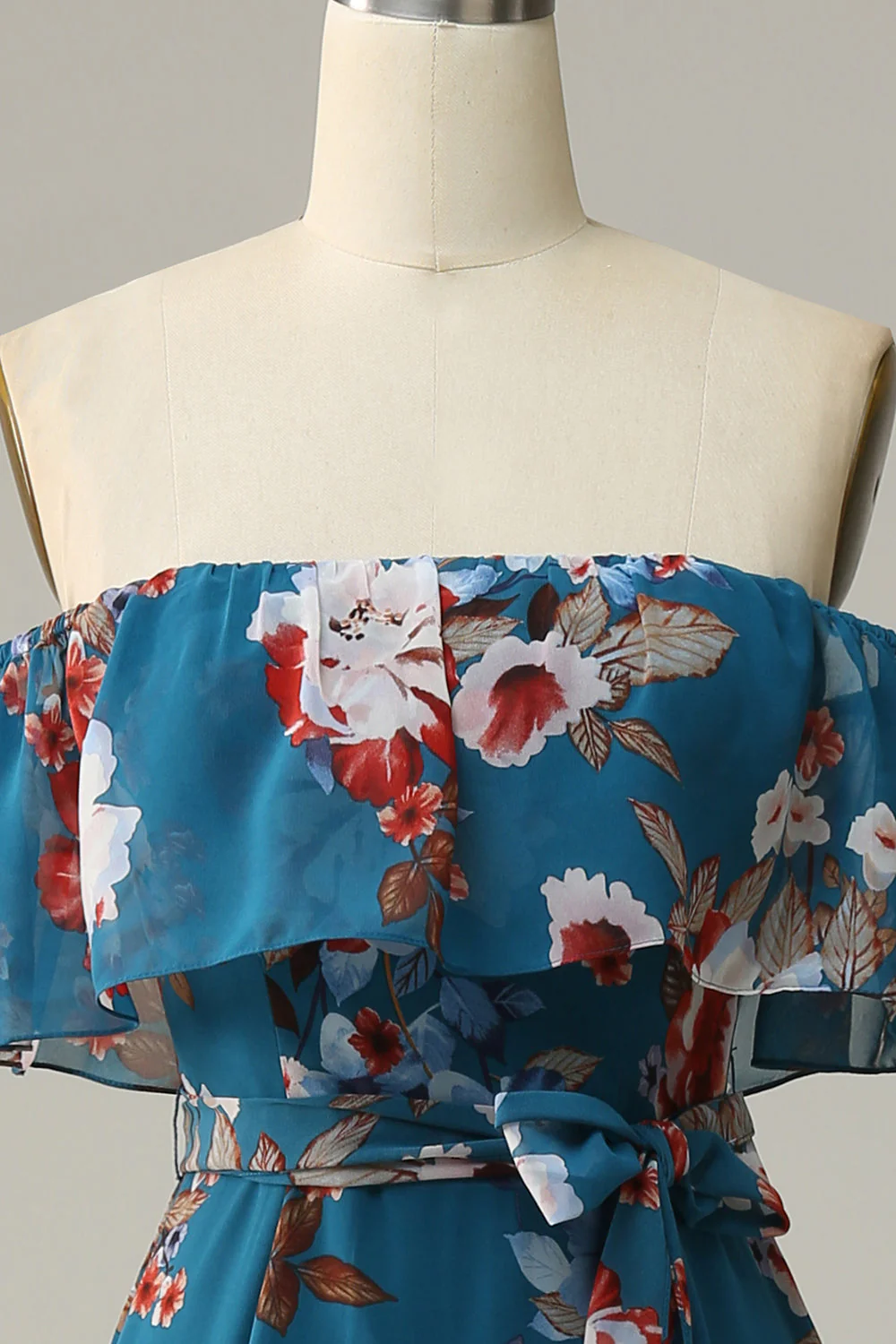 Dark Blue Floral Boho Chiffon Long Bridesmaid Dress - JUORTHO