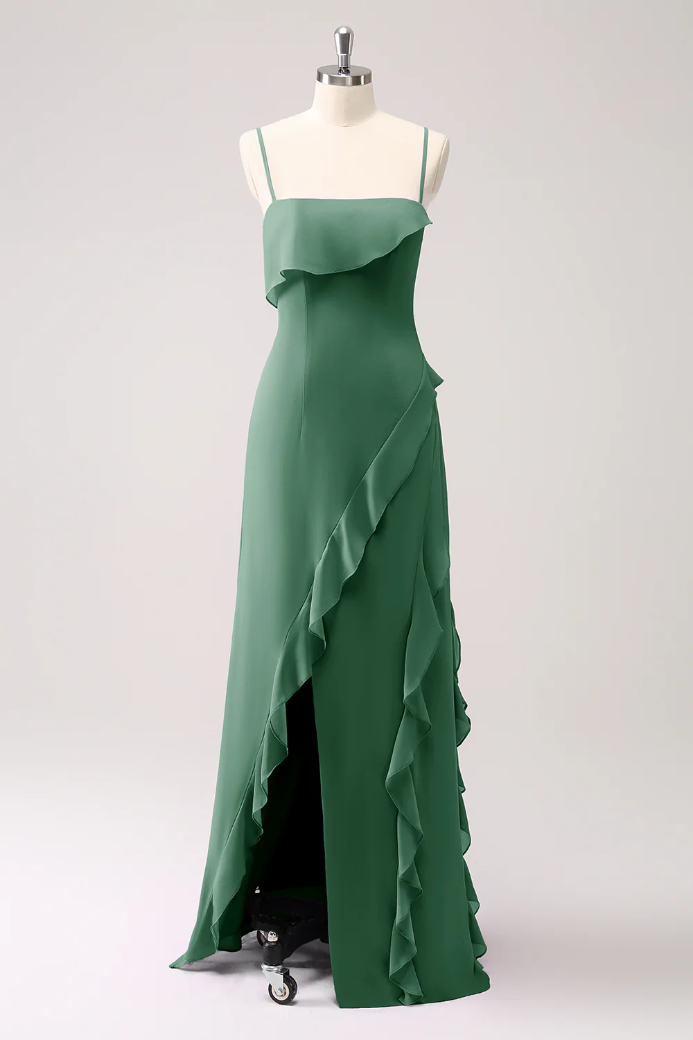 Tahiti Spaghetti Straps Chiffon Ruffled Long Bridesmaid Dress with Slit - JUORTHO