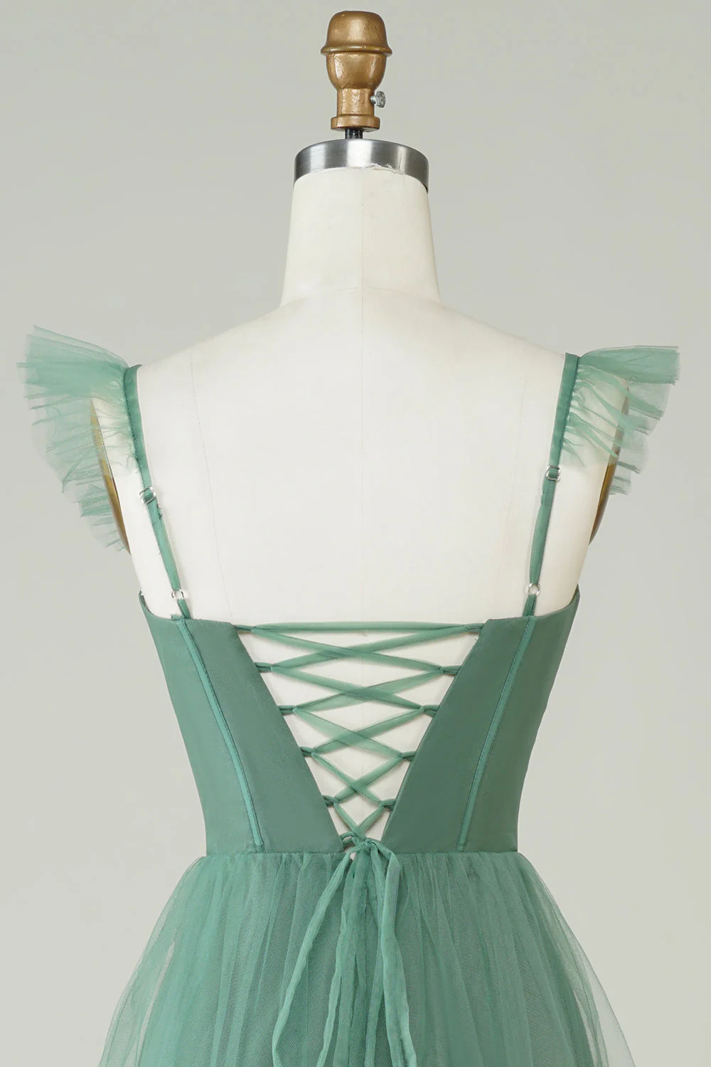 A Line Spaghetti Straps Long Tulle Eucalyptus Bridesmaid Dress - JUORTHO