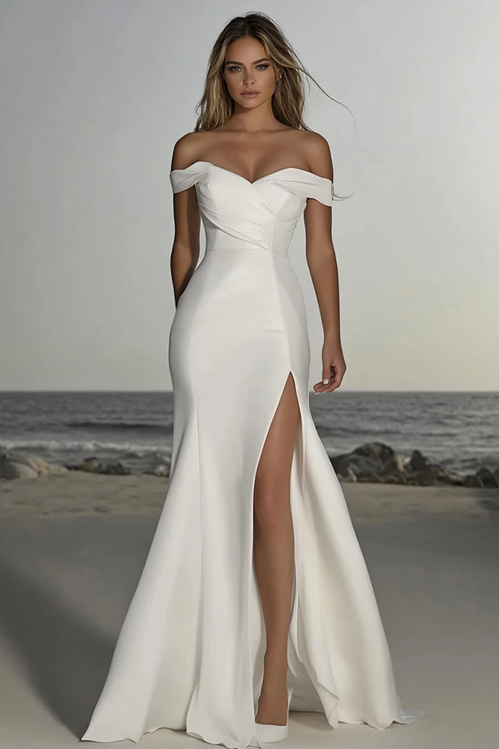 Satin Ruched Off the Shoulder Mermaid Ivory Wedding Dress with Slit - JUORTHO
