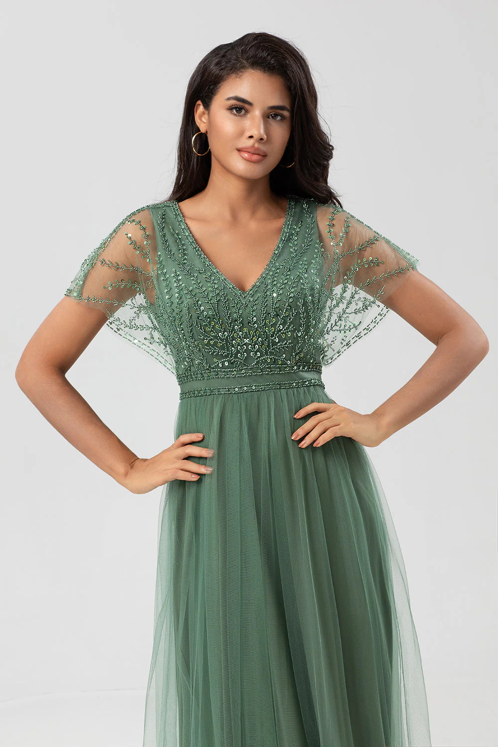 Epitome of Romance A-Line V Neck Eucalyptus Long Bridesmaid Dress with Beading - JUORTHO