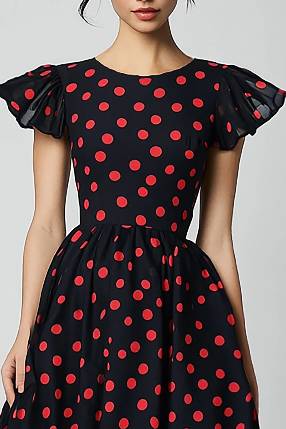 Black and Red Satin A Line Cap Sleeves Maxi Polka Dot Dress with Ruffles - JUORTHO