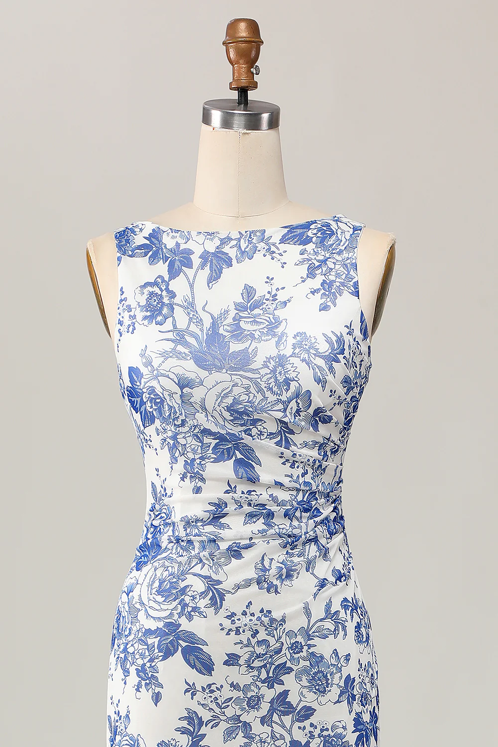 White and Blue Floral Sheath Long Wedding Guest Dress - JUORTHO