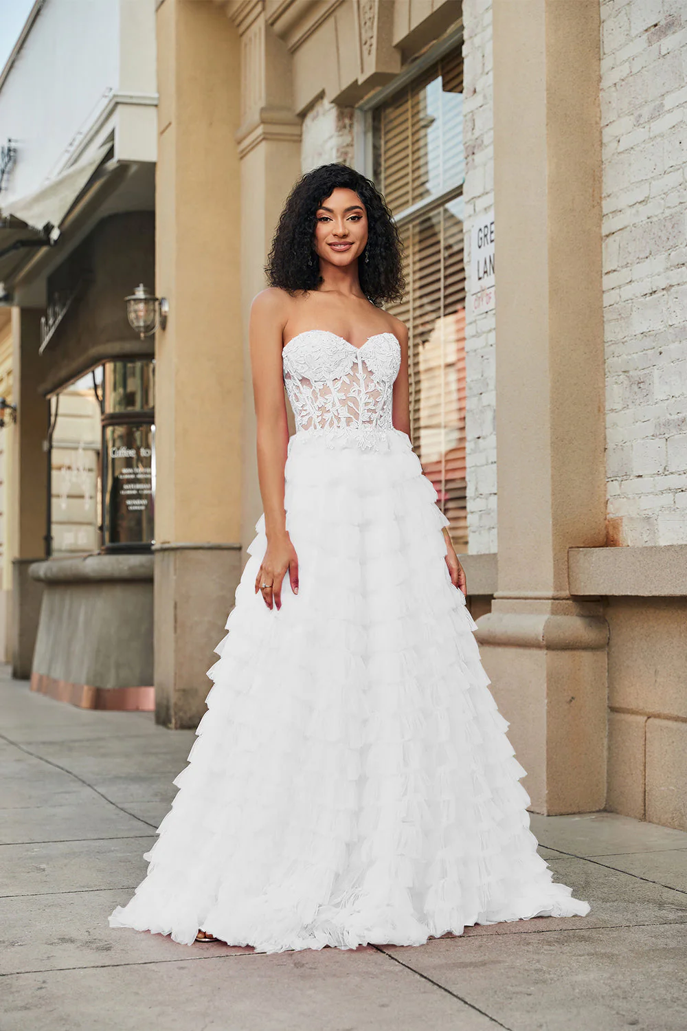 White Corset Ruffled A-Line Wedding Dress with Lace - JUORTHO