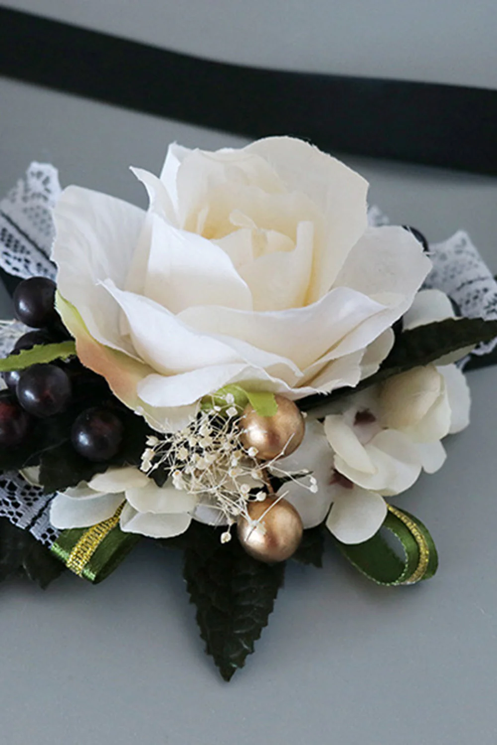 Luxury Black White Homecoming Wrist Corsage and Men's Boutonniere Set - JUORTHO