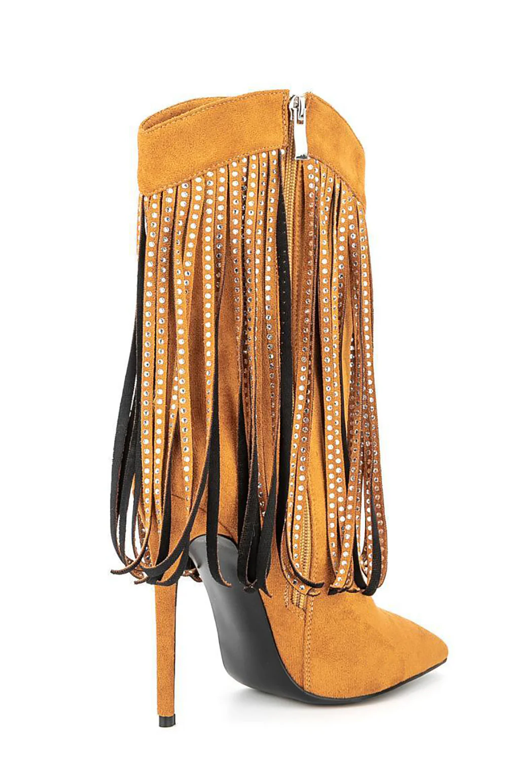 Black Suede Rhinestone Fringed Stiletto Heels Ankle Boots - JUORTHO