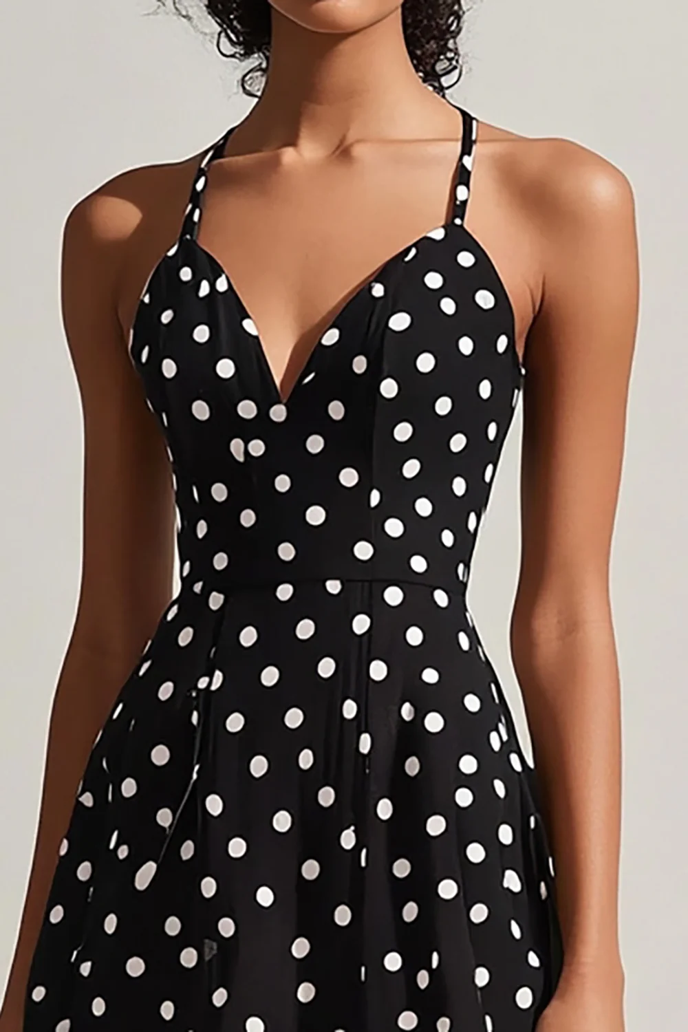 A Line Black and White Boho Chiffon Spaghetti Straps Midi Polka Dot Dress - JUORTHO
