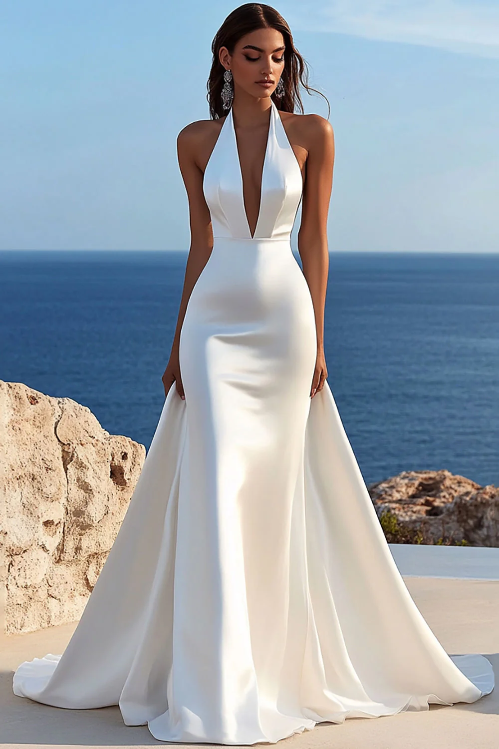 Simple Ivory Satin Halter Mermaid Sweep Train Long Wedding Dress - JUORTHO