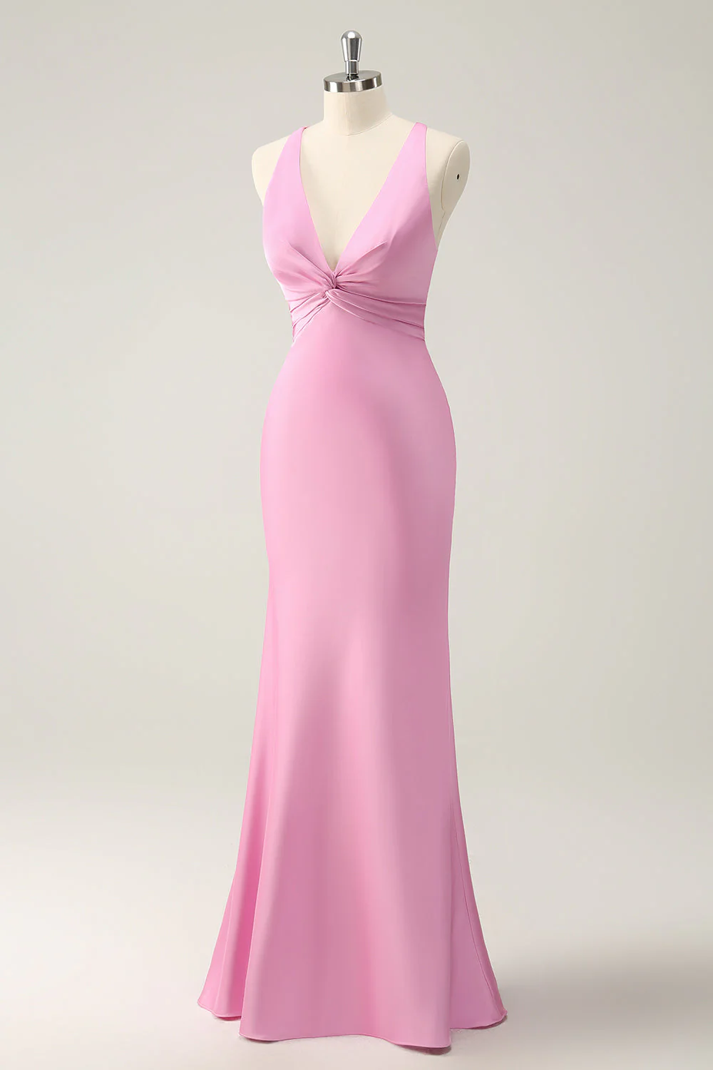 Pink Mermaid V Neck Satin Long Bridesmaid Dress - JUORTHO