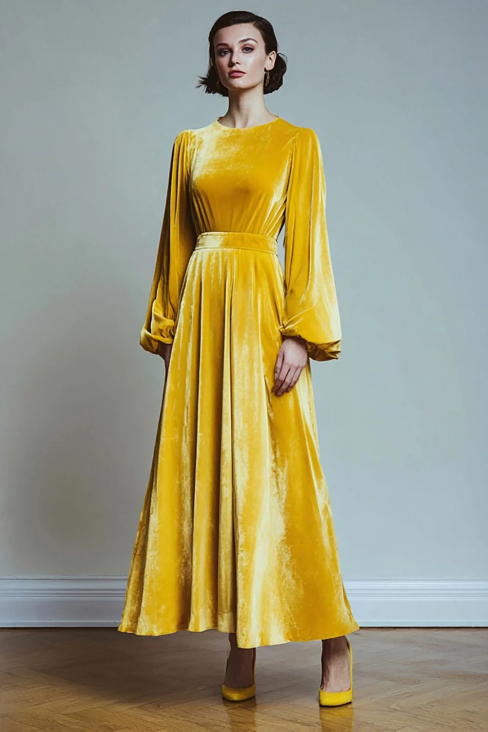 Yellow A Line Velvet Round Neck Long Sleeves Holiday Party Dress - JUORTHO